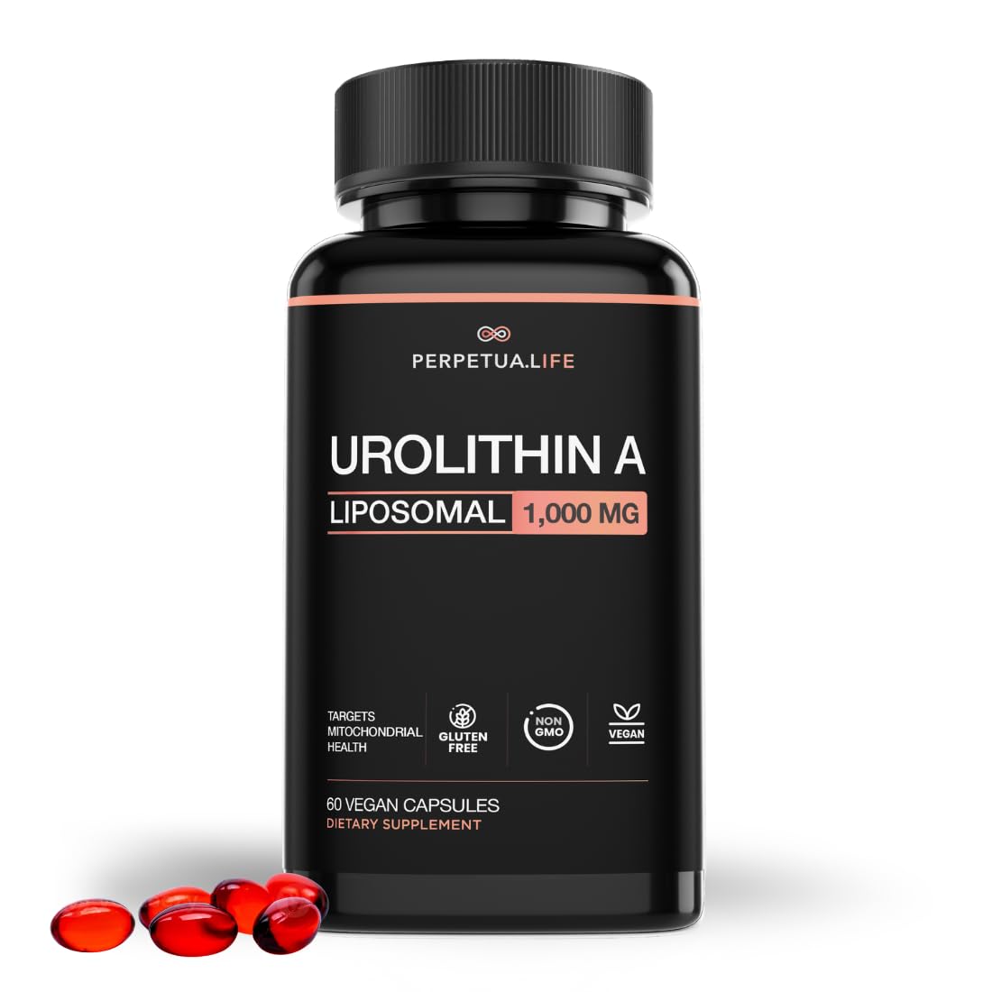 Perpetua Life Urolithin A Liposomal 1000mg capsules, vegan and gluten-free for daily wellness.