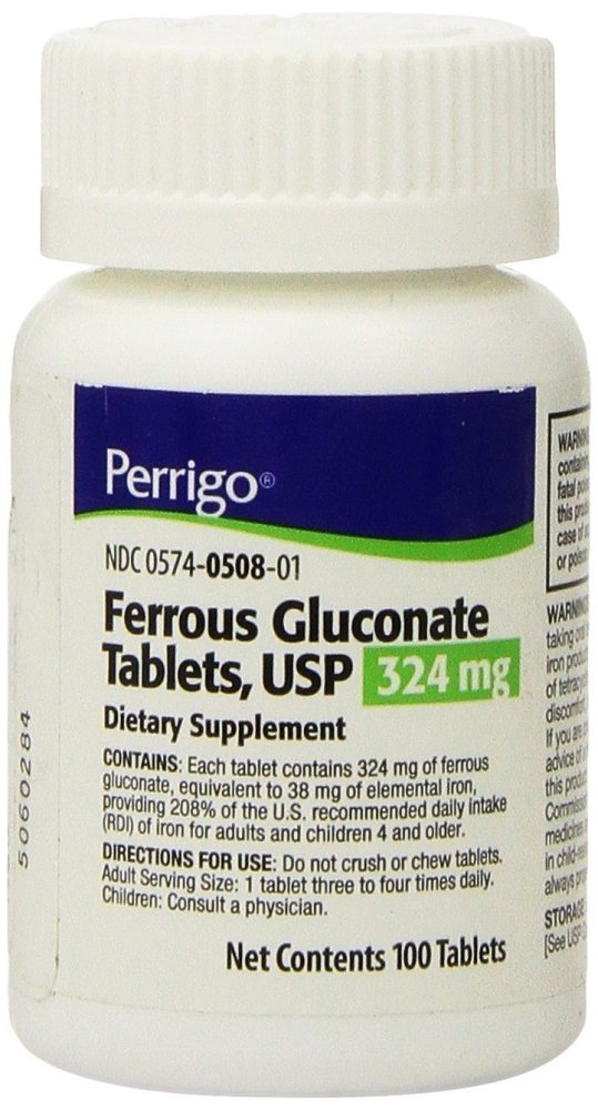 Perrigo Ferrous Gluconate green tablet for daily iron support, gentle on the system.