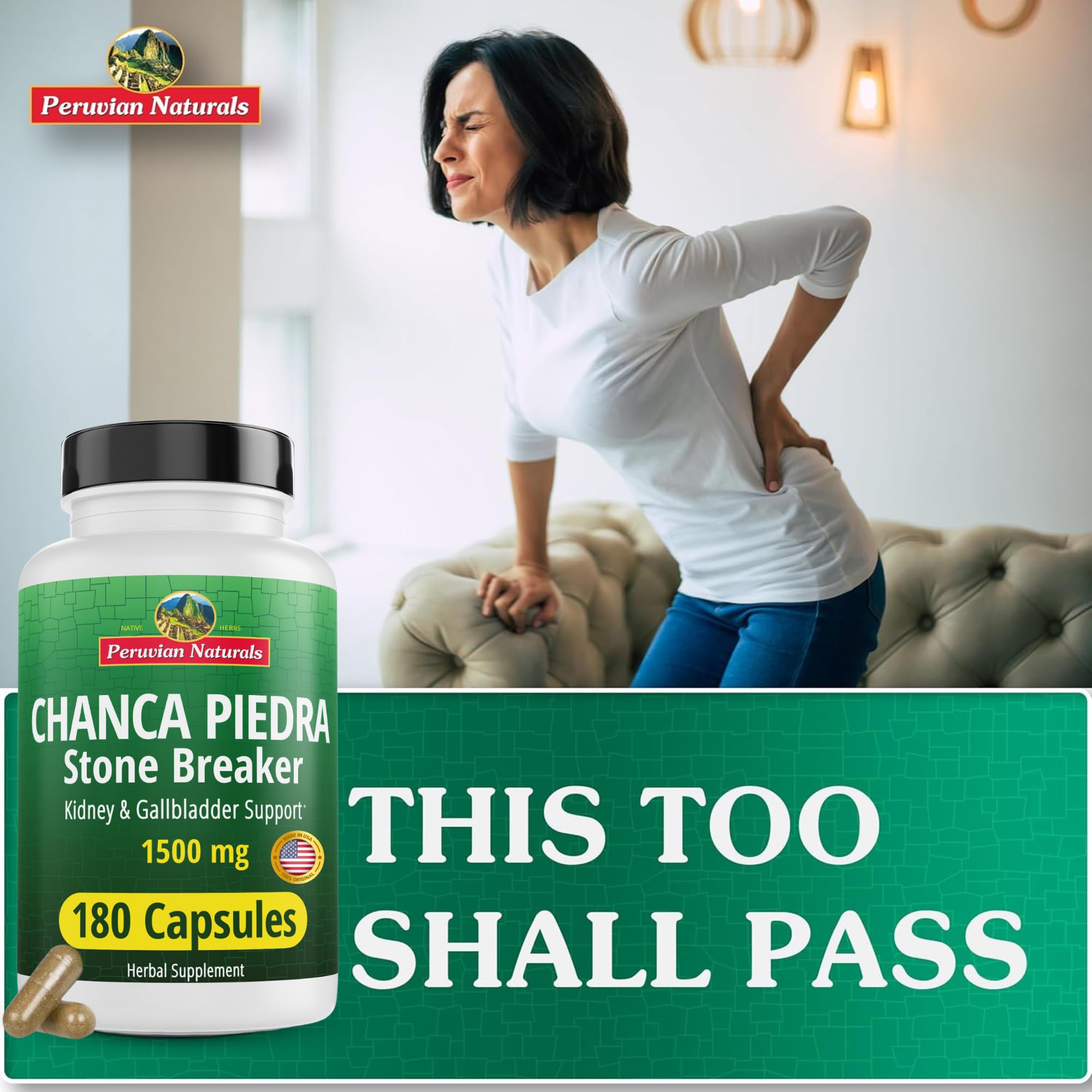 Chanca Piedra capsules closeup shows easy-to-swallow vegan capsules for daily use.