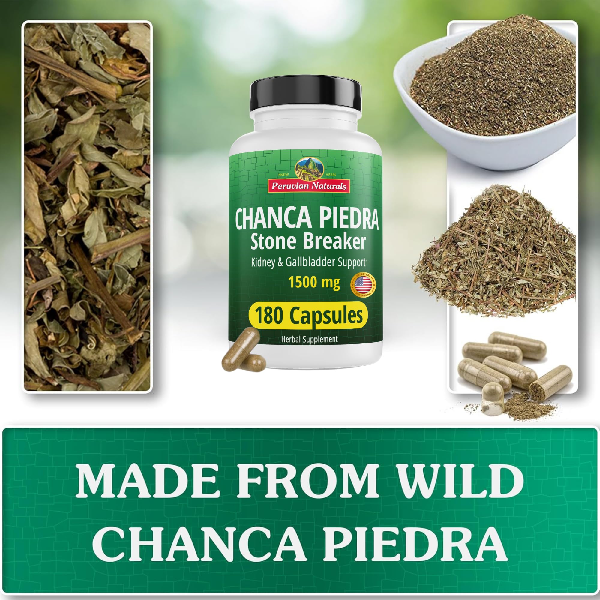 Peruvian Naturals Chanca Piedra capsules with water glass suggest easy daily ritual.