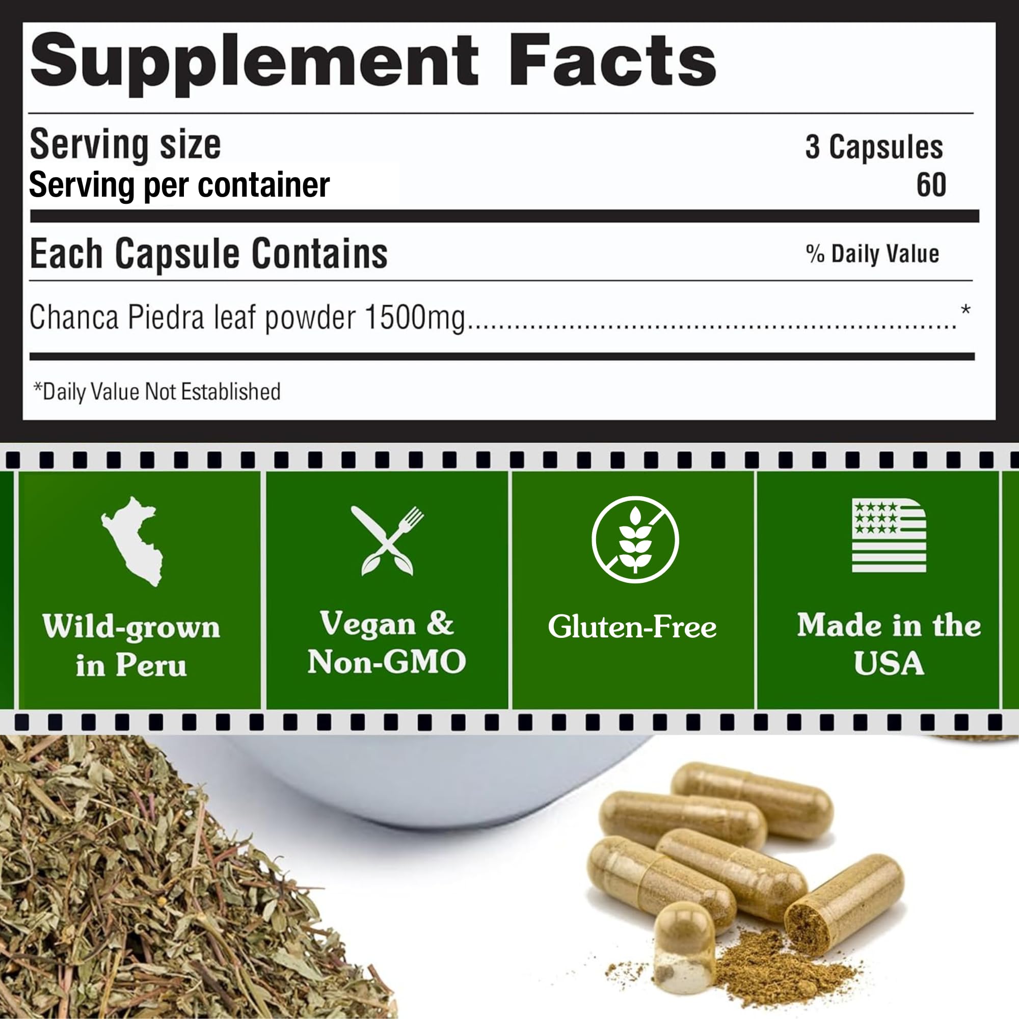 Peruvian Naturals Chanca Piedra USA-made label conveys quality and trusted manufacturing.