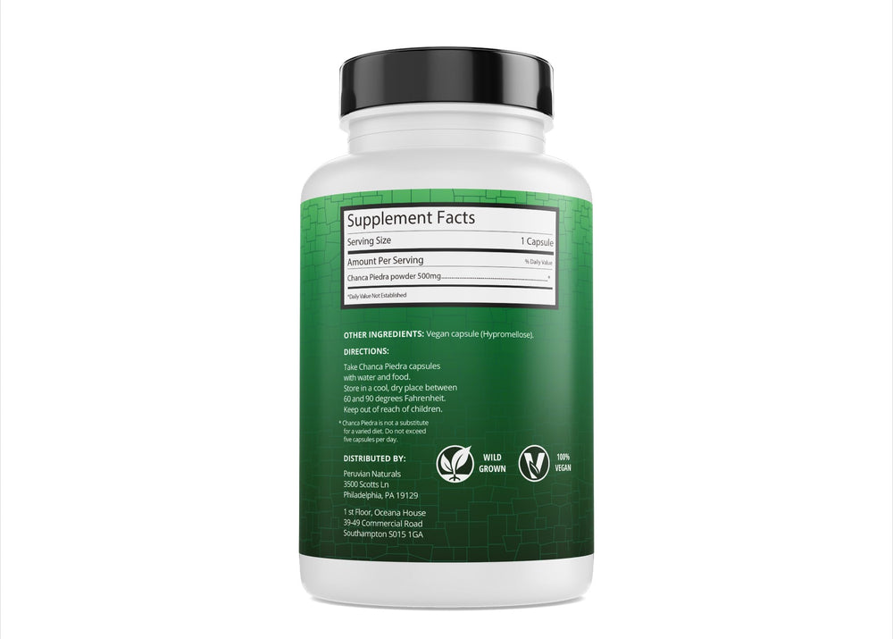 Peruvian Naturals Chanca Piedra vegan symbol reinforces plant-based supplement identity.