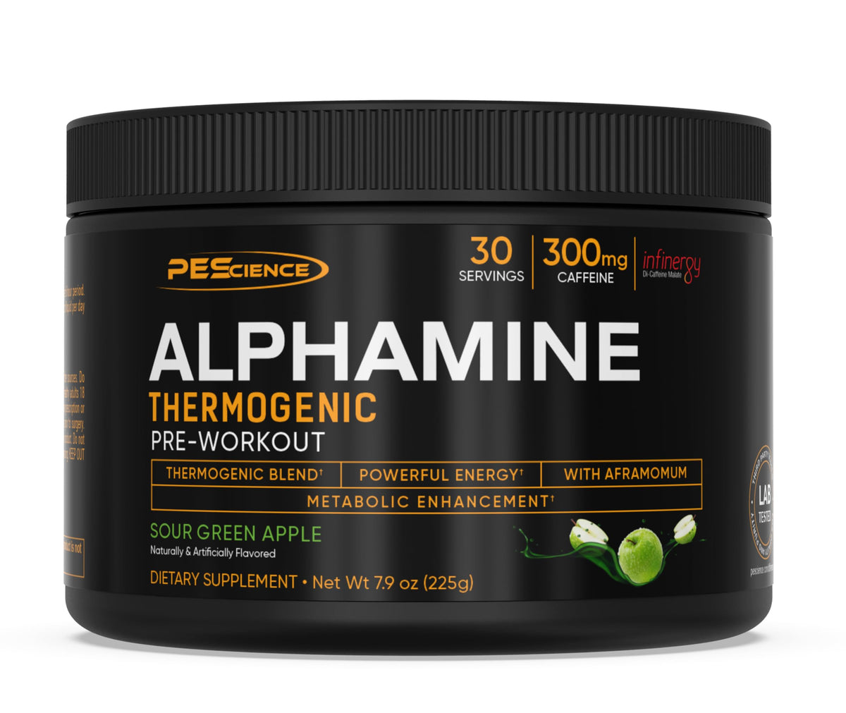 PEScience Alphamine bottle with Sour Green Apple flavor for a refreshing pre-workout experience.