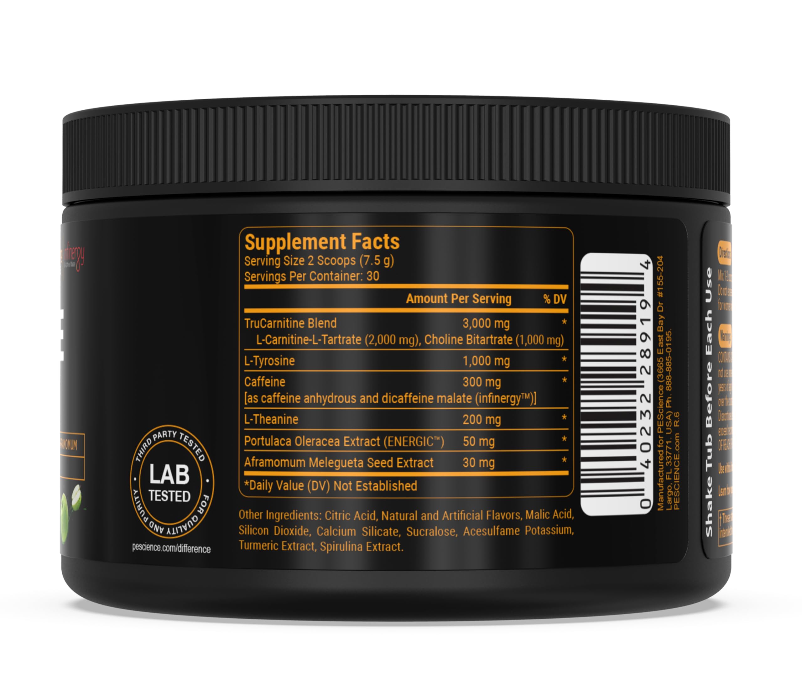 PEScience Alphamine caffeine energy blend for smooth focus and endurance during workouts.