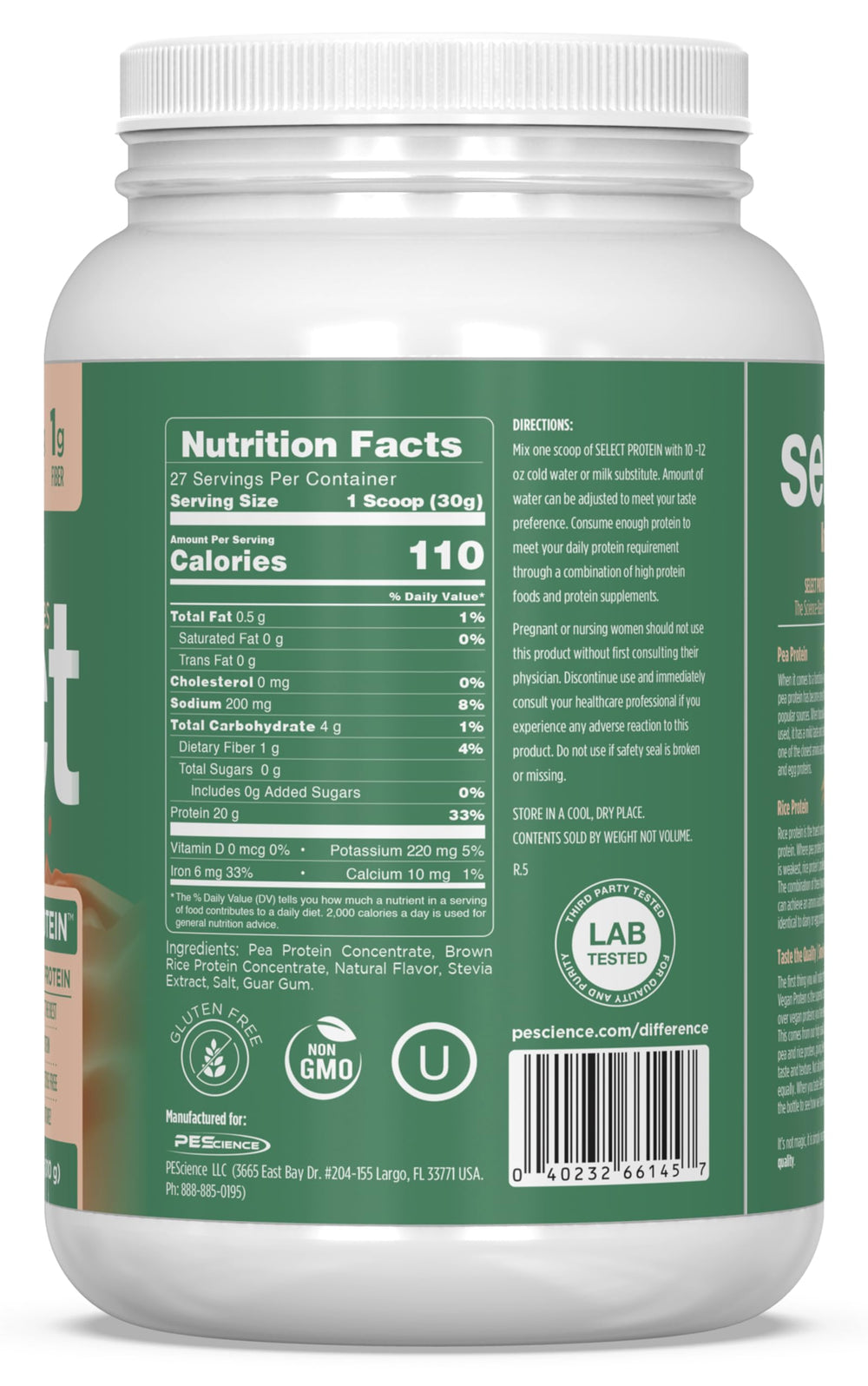 Close-up of cinnamon delight label on PEScience vegan protein container.