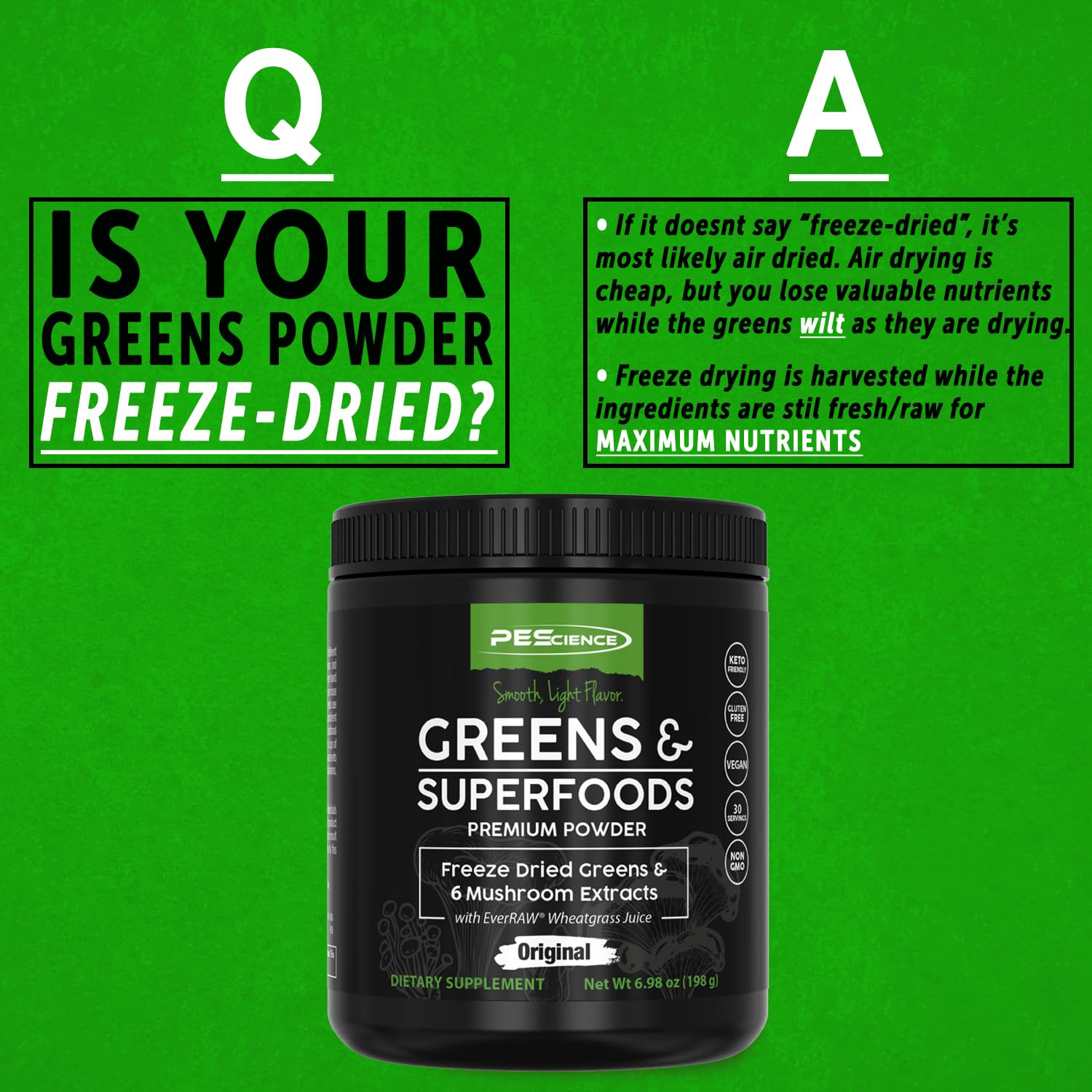 PEScience Greens Powder antioxidant blend bottle highlights natural phytonutrients.