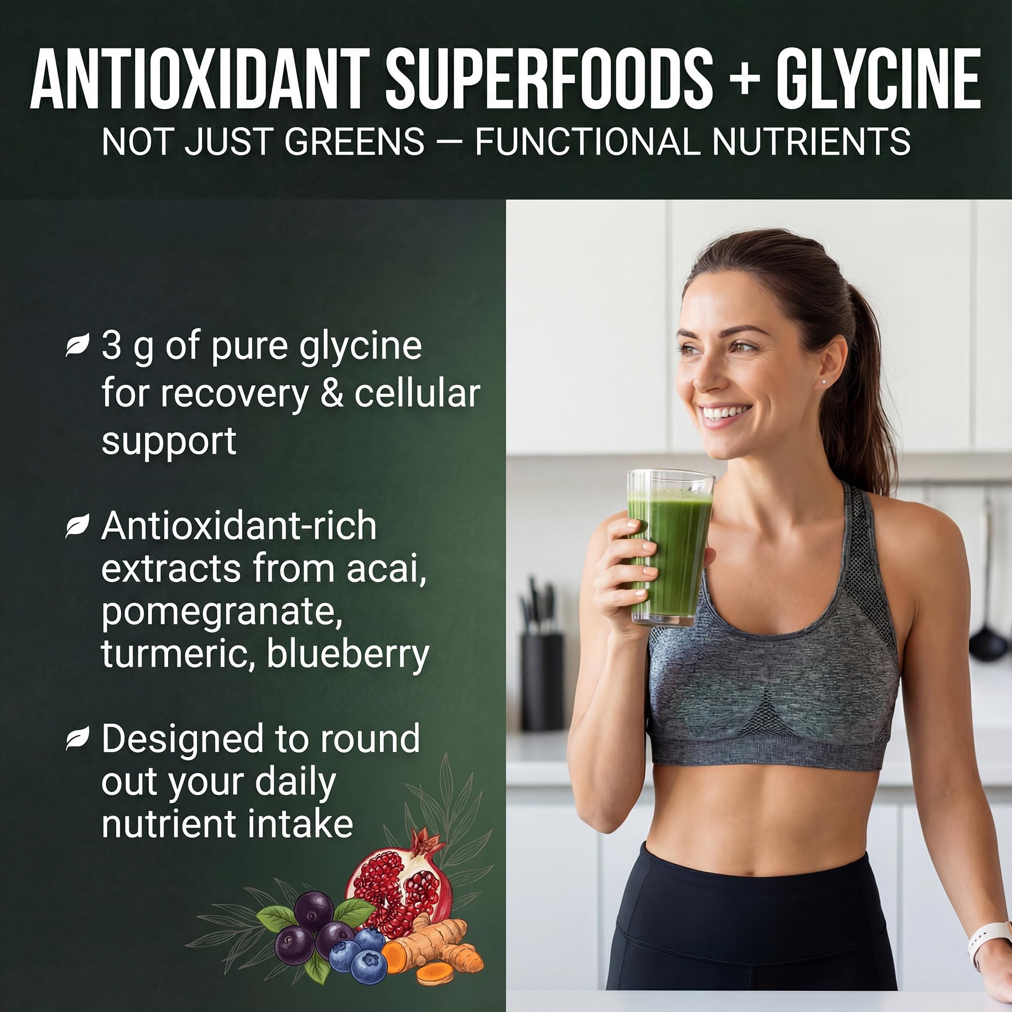PEScience Greens Powder freeze-dried greens closeup shows chlorophyll-rich ingredients.