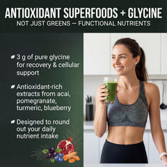 PEScience Greens Powder freeze-dried greens closeup shows chlorophyll-rich ingredients.