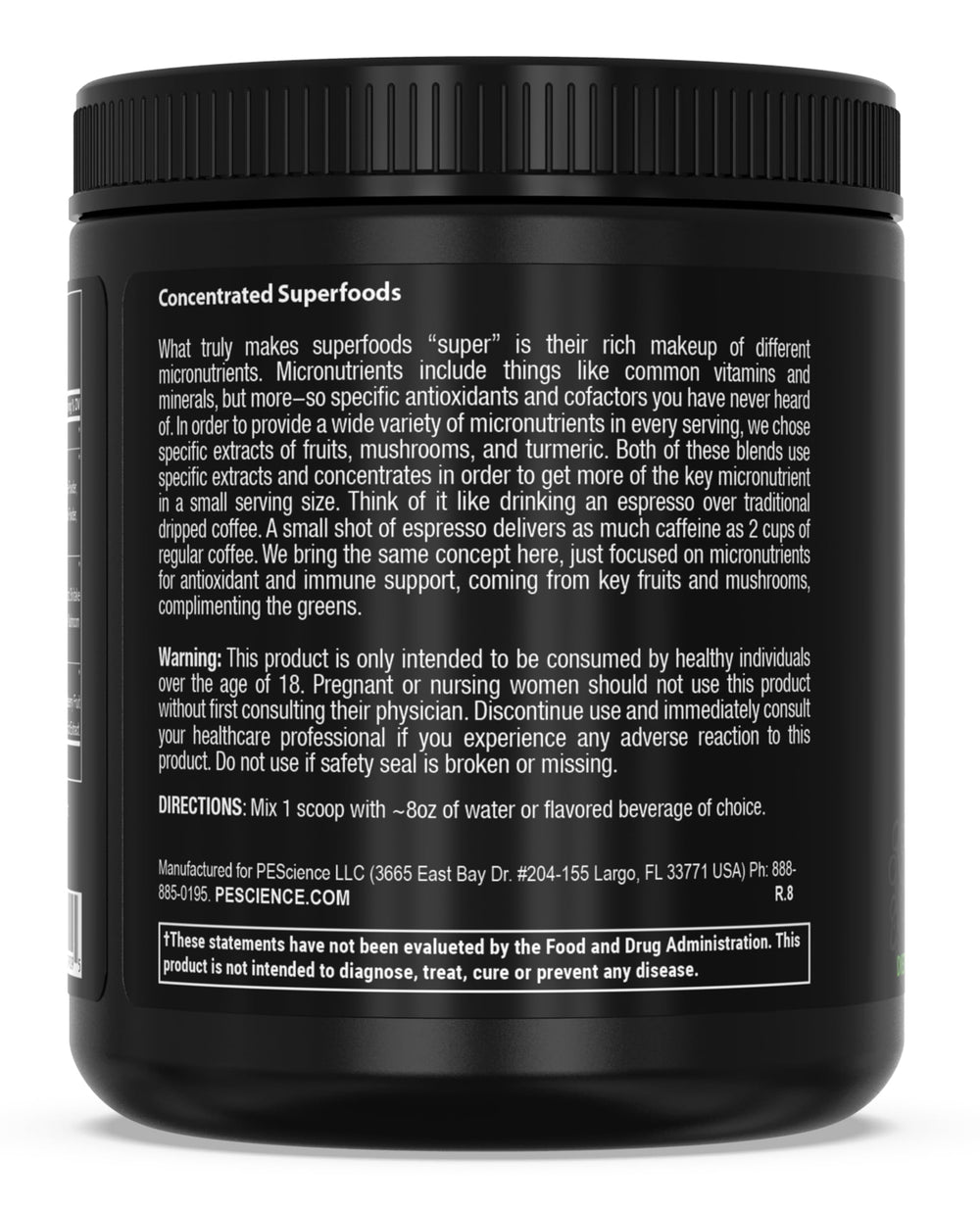 PEScience Greens Powder glass shaker ready to mix.