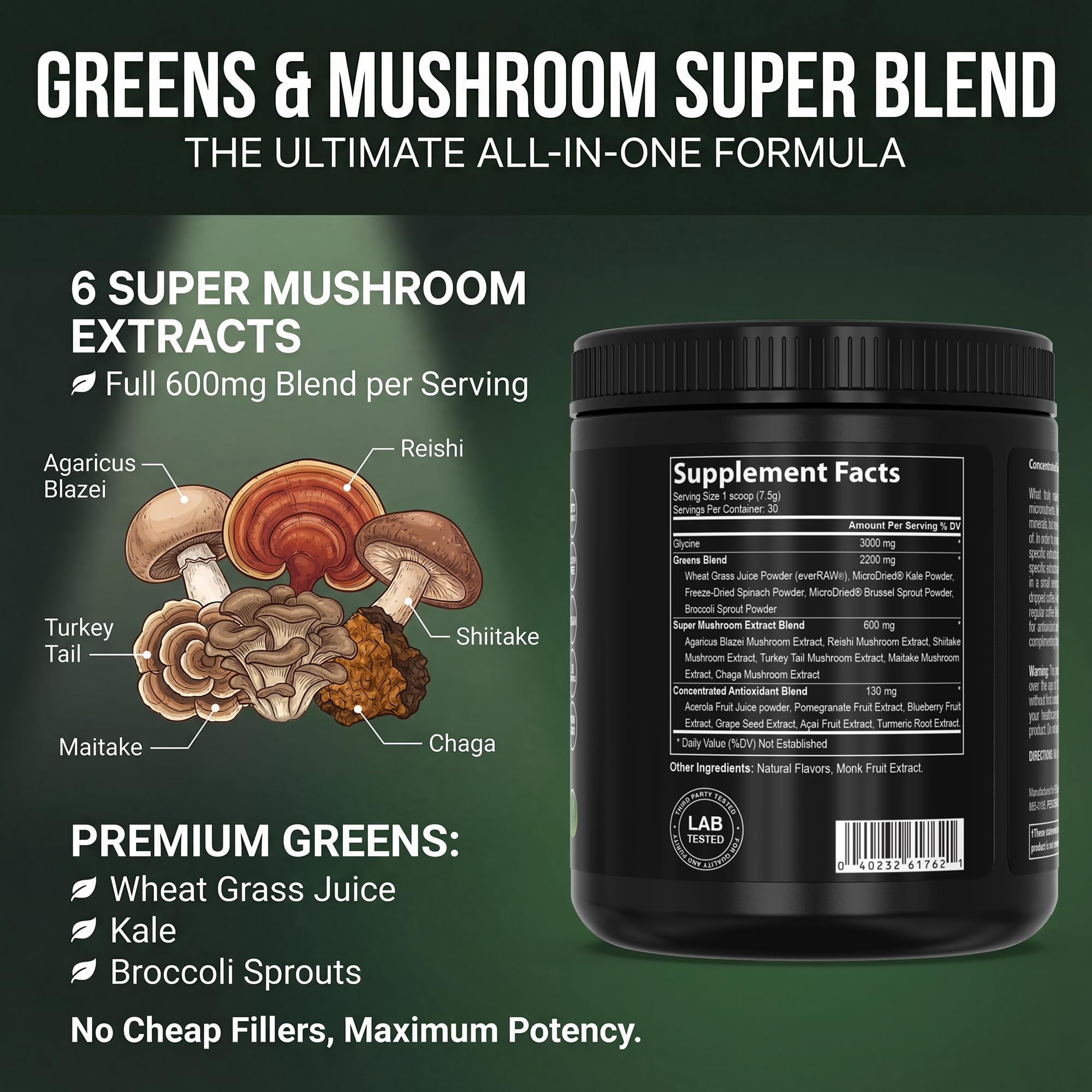 PEScience Greens Powder mushroom blend closeup highlights functional mushrooms for daily wellness.