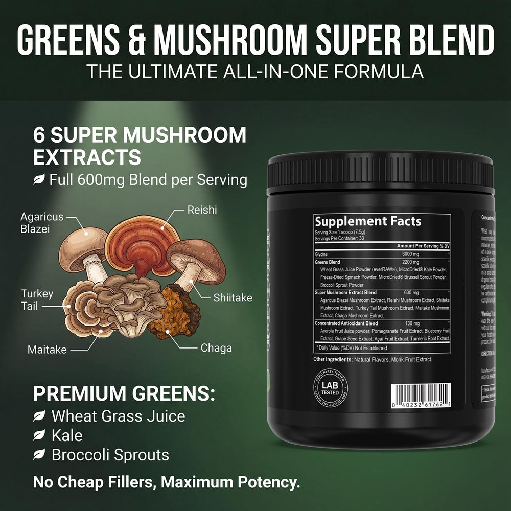 PEScience Greens Powder mushroom blend closeup highlights functional mushrooms for daily wellness.