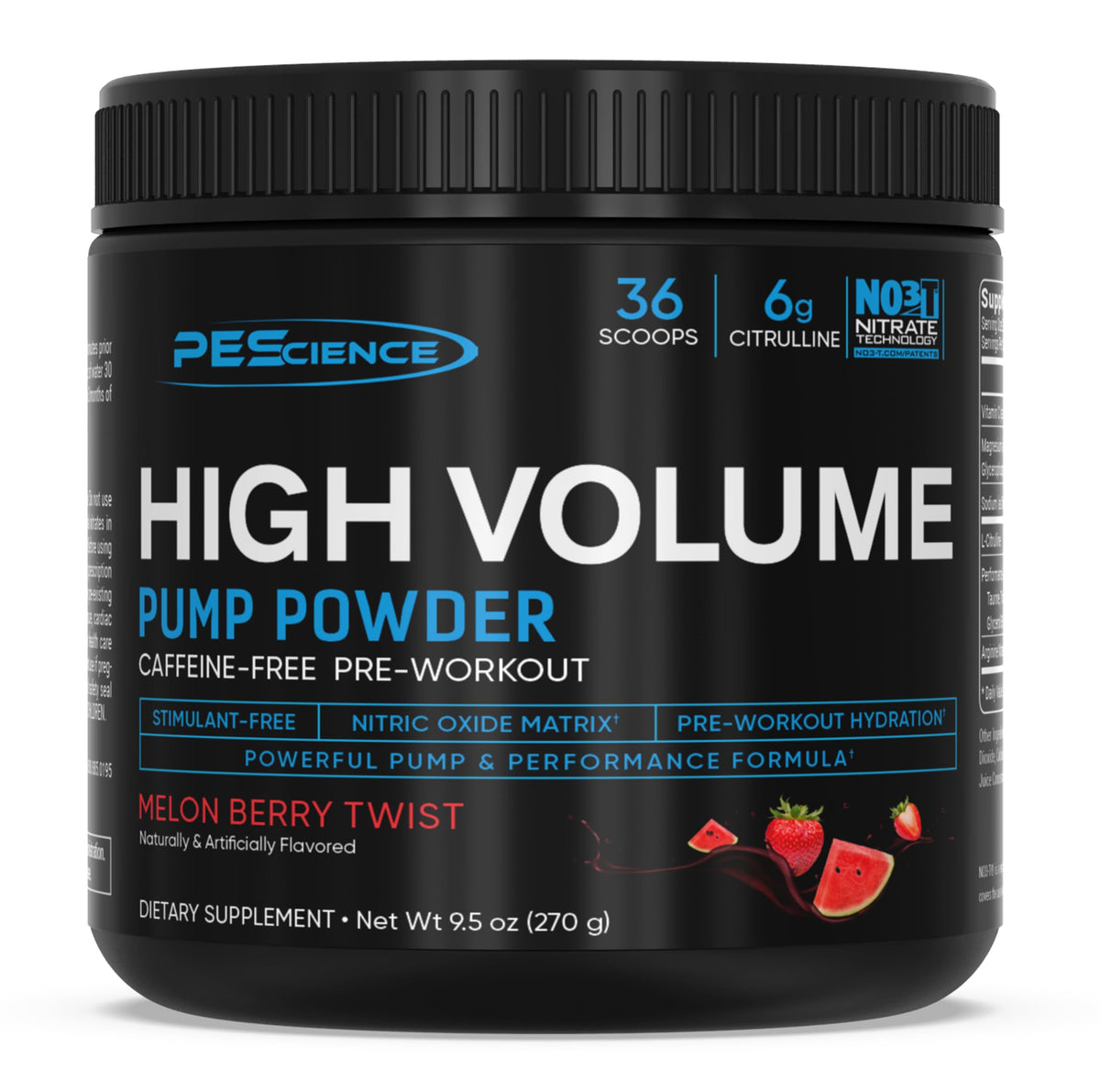 PEScience High Volume bottle shown as a non-stim pre-workout for clean pumps and endurance.