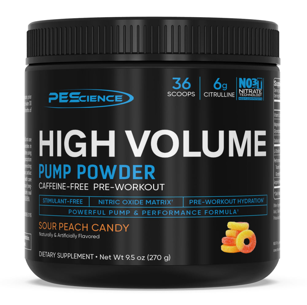 PEScience High Volume stim-free pump powder bag ready for intense workouts