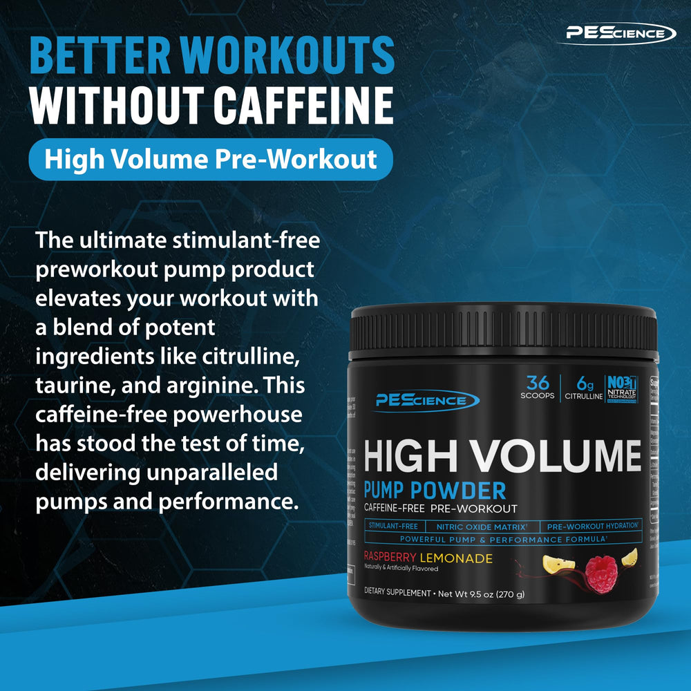 PEScience High Volume tub label highlights nitric oxide ingredients