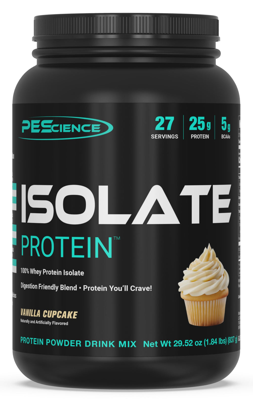 PEScience Isolate Vanilla Cupcake bottle offers fast-digesting protein for post-workout recovery.