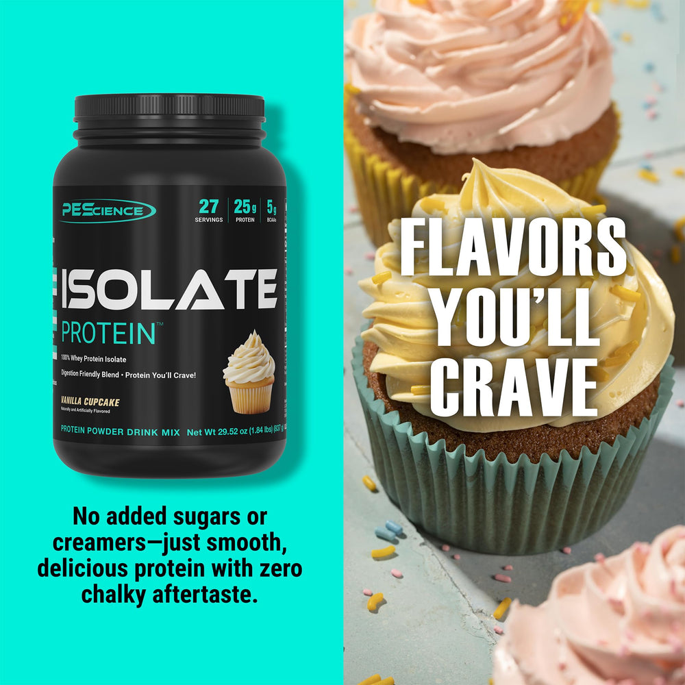 PEScience Isolate Vanilla Cupcake label close-up highlighting a pure whey isolate.