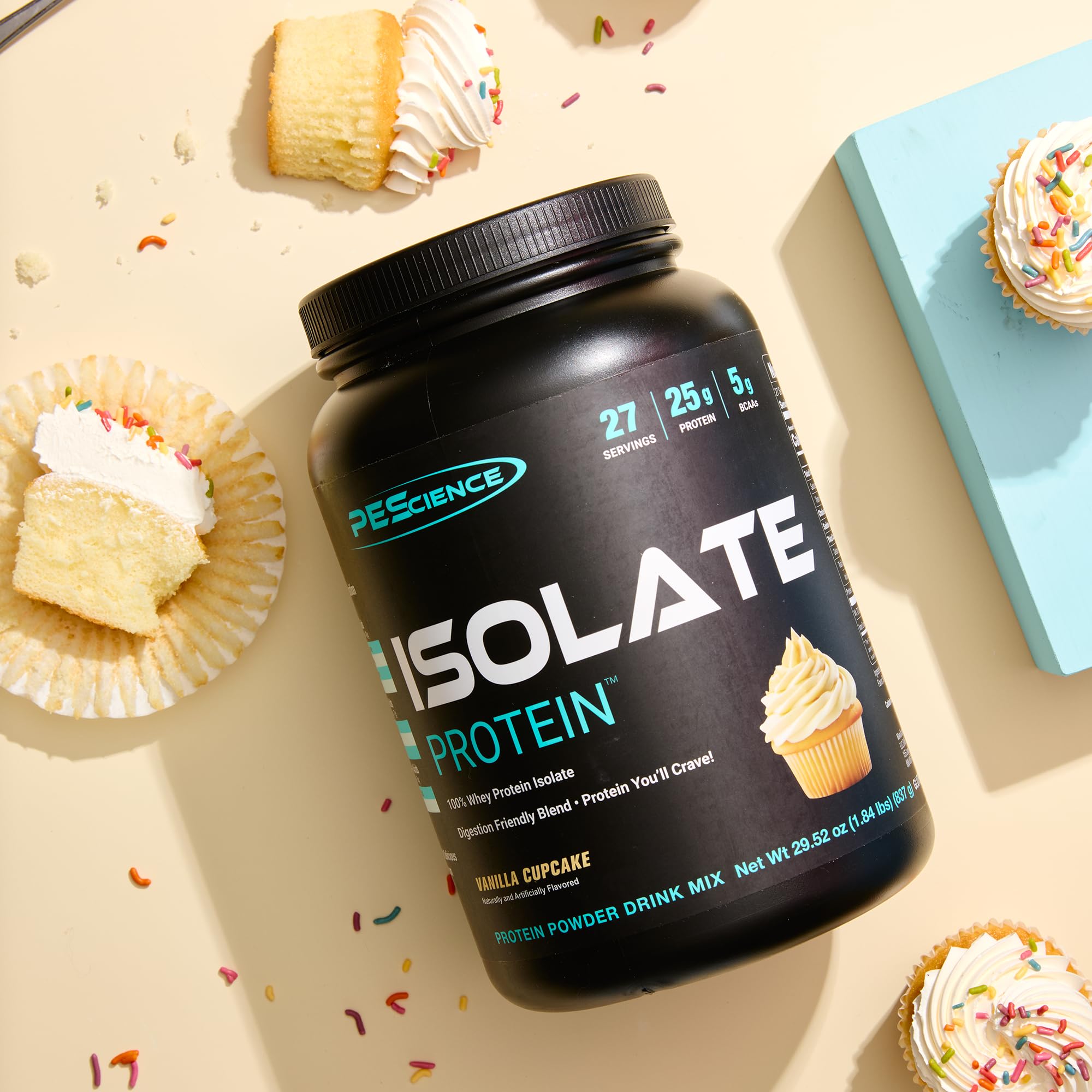 PEScience Isolate nutrition panel showing 25 g protein per serving.