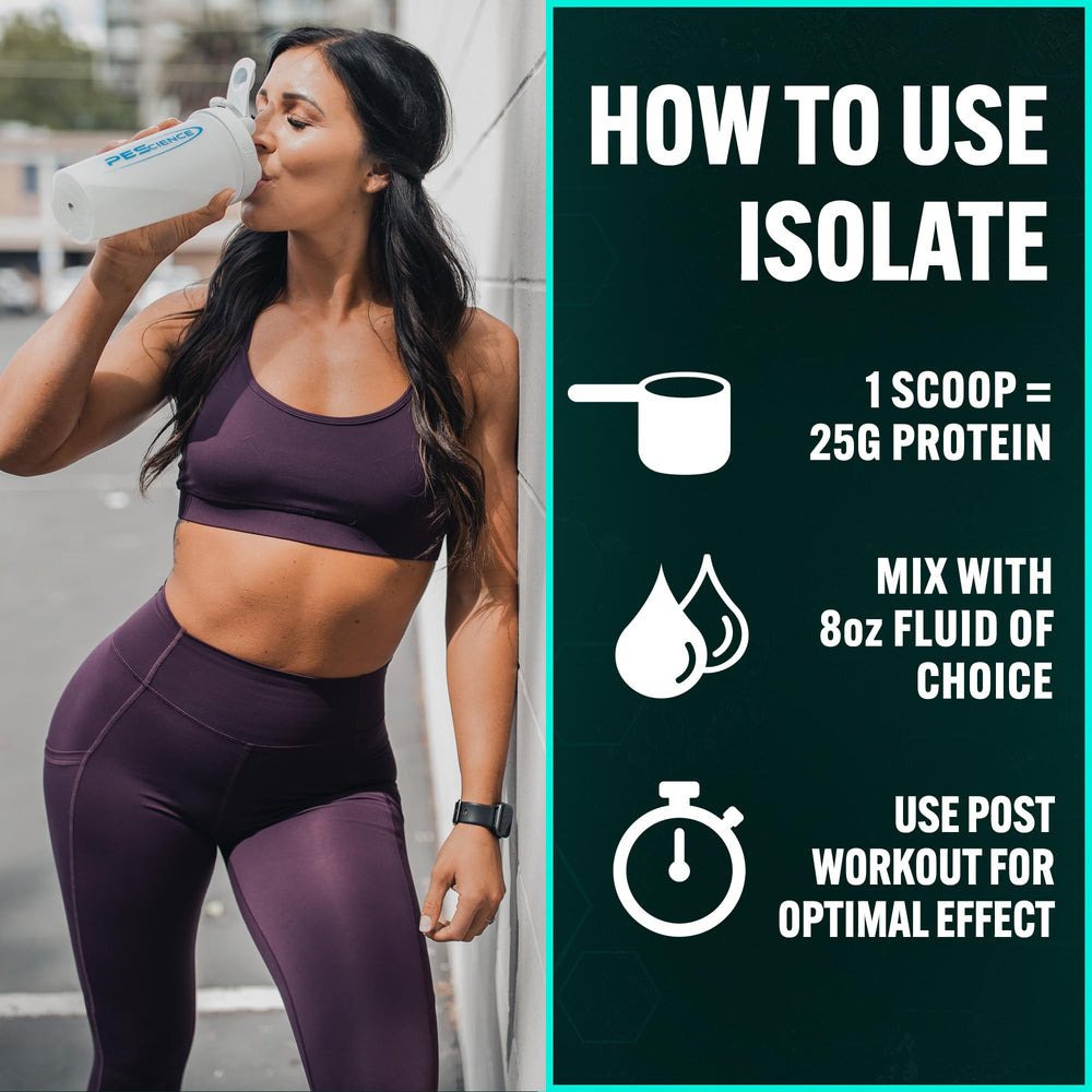 PEScience Isolate powder being poured, featuring low carb and zero added sugar.
