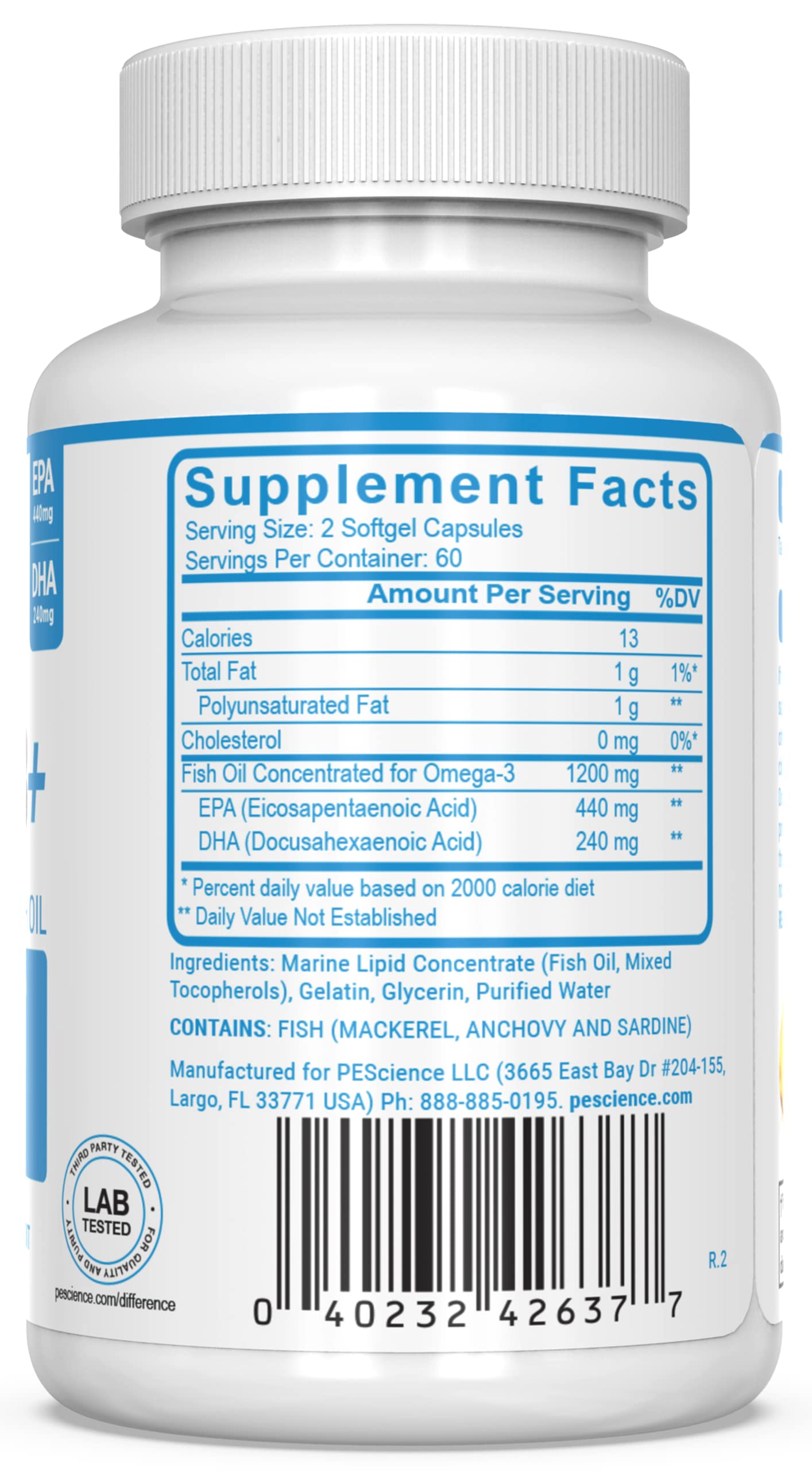PEScience Omega-3+ bottle and packaging with 60 servings.