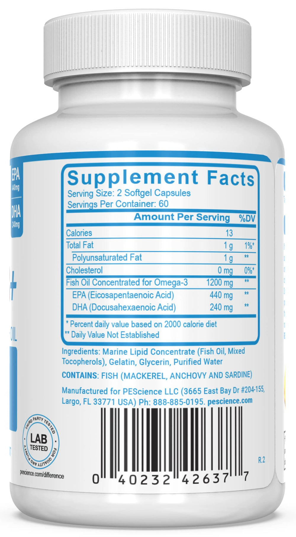 PEScience Omega-3+ bottle and packaging with 60 servings.