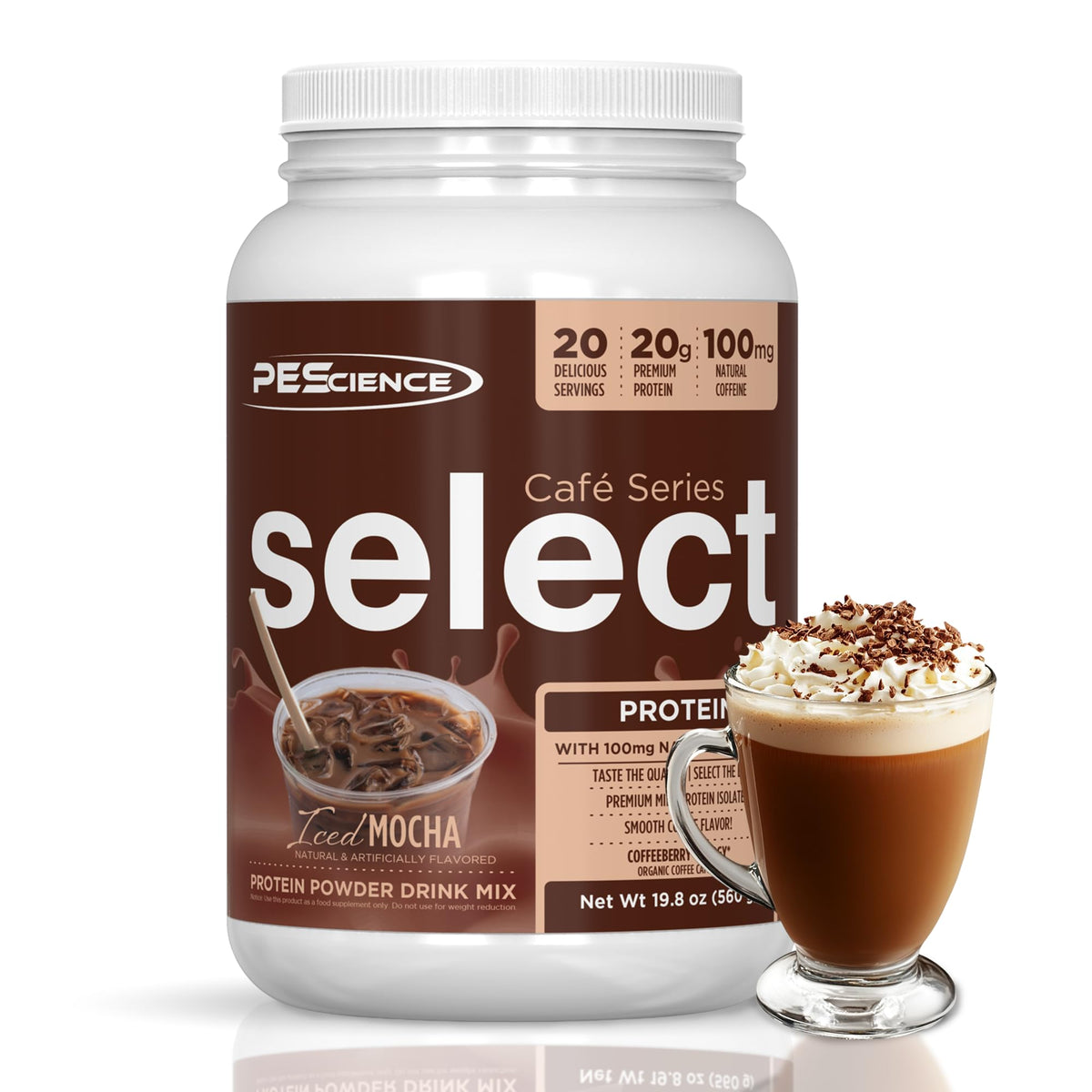 PEScience Select Cafe tub front displays 20g protein per serving