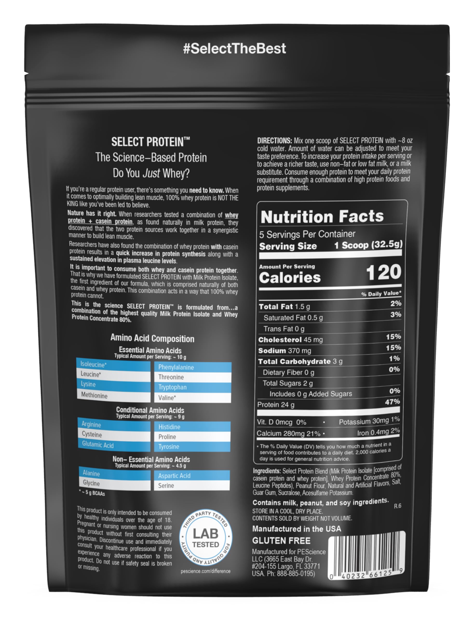 PEScience Select keto-friendly and gluten-free labeling highlights