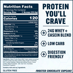 PEScience Select Frosted Chocolate Cupcake powder jar label highlights protein per serving