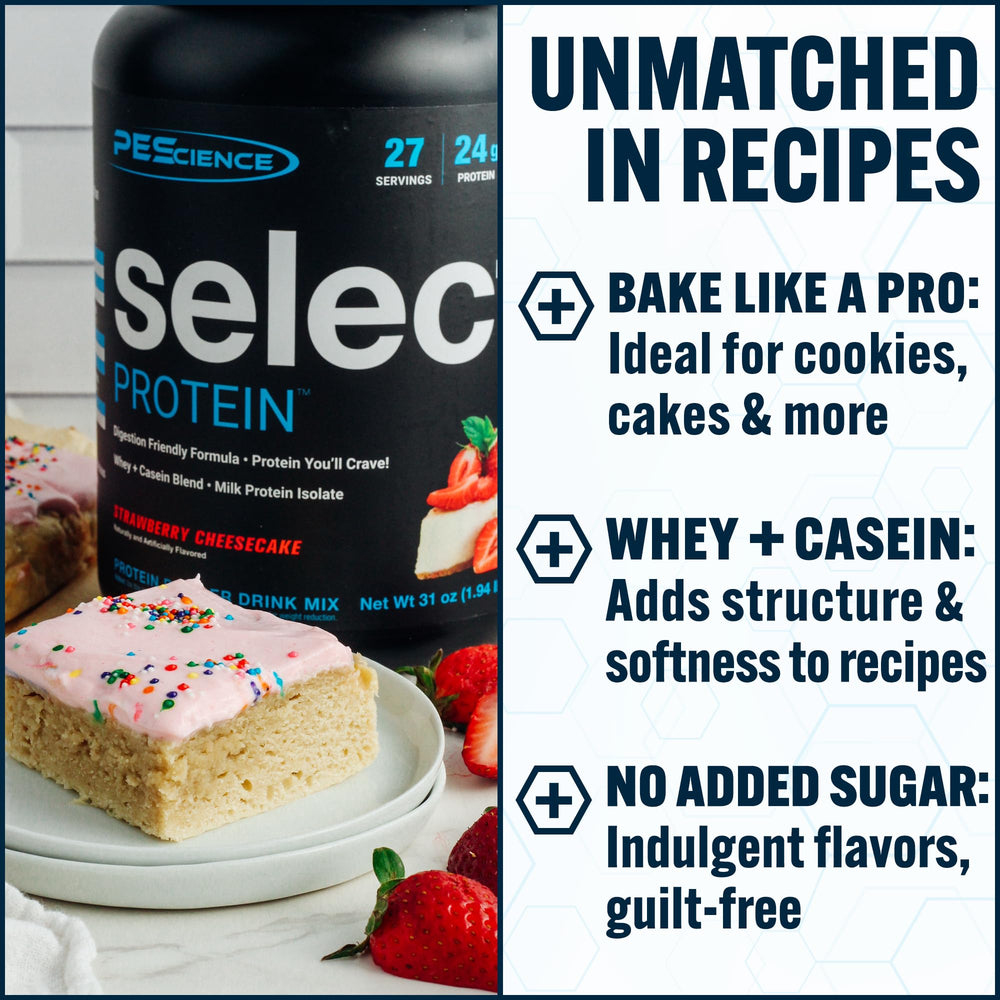 PEScience Select Strawberry Cheesecake ingredients panel highlights gluten-free formula.