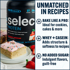 PEScience Select Strawberry Cheesecake ingredients panel highlights gluten-free formula.