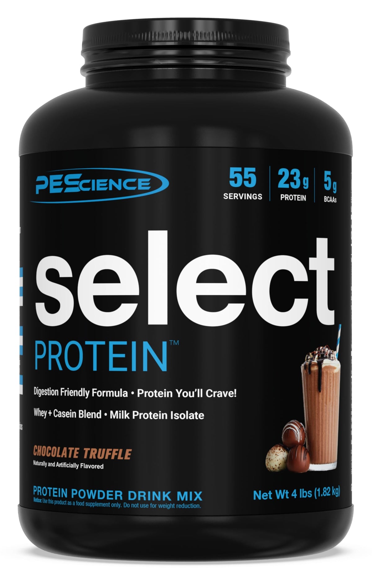 PEScience Select Chocolate Truffle protein powder tub highlighting premium protein blend.