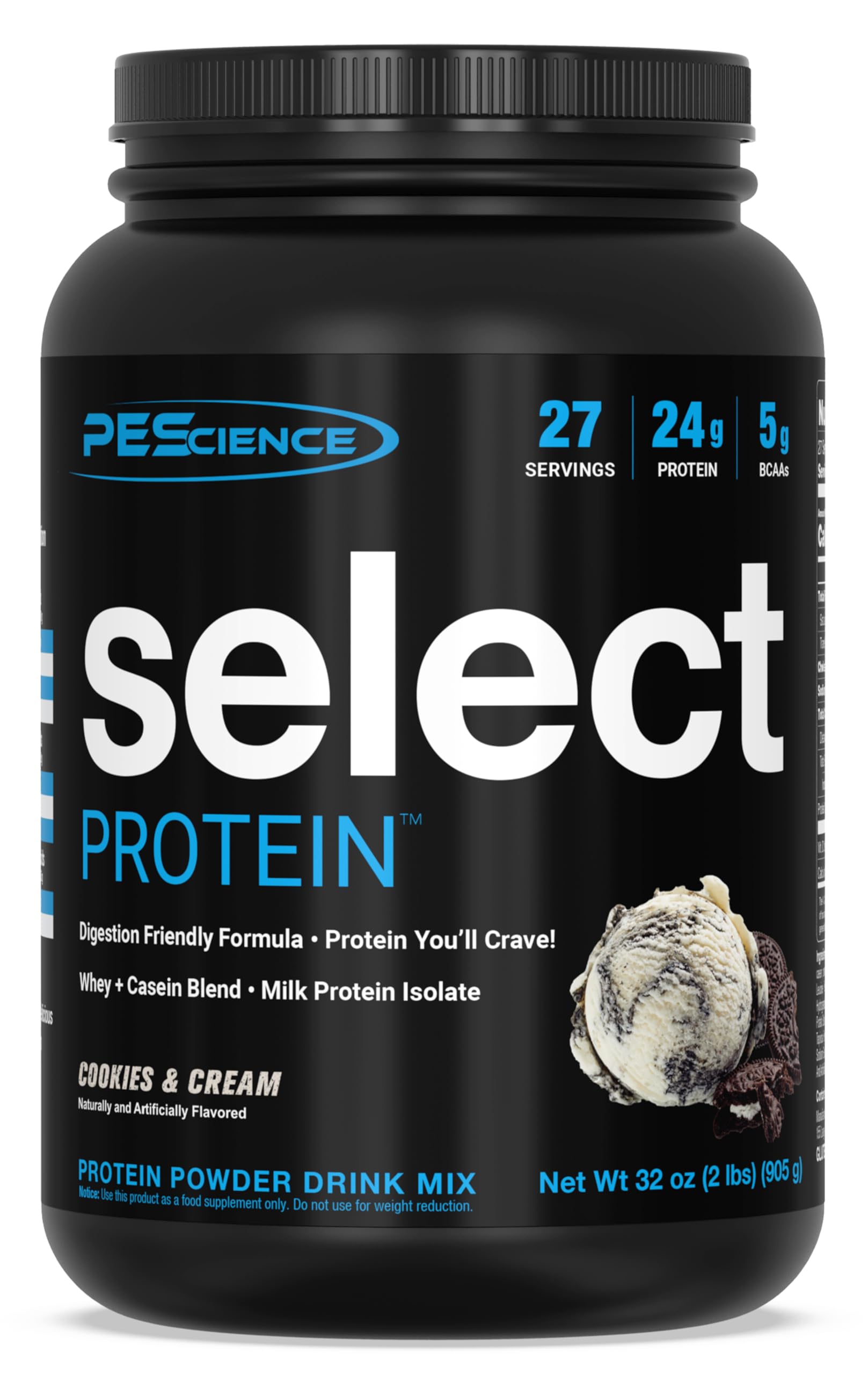 PEScience Select Protein Cookies & Cream bottle showing the clean blend for on-the-go protein