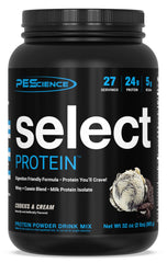 PEScience Select Protein Cookies & Cream bottle showing the clean blend for on-the-go protein