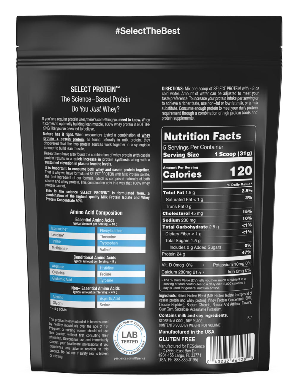 PEScience Select Protein powder gluten-free badge signals diet-friendly protein.