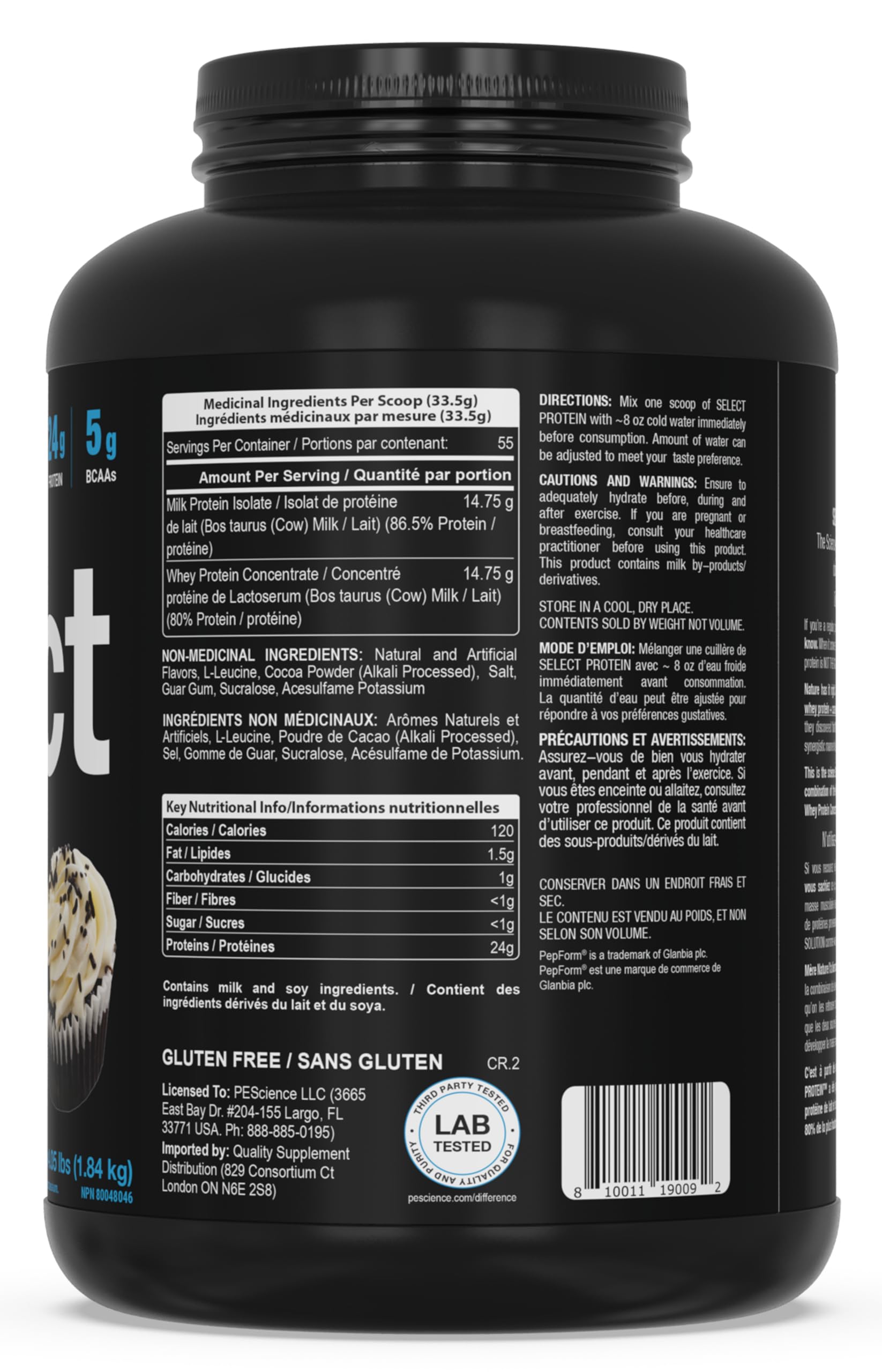 PEScience Select Protein Powder nutrition label for keto and gluten-free diets