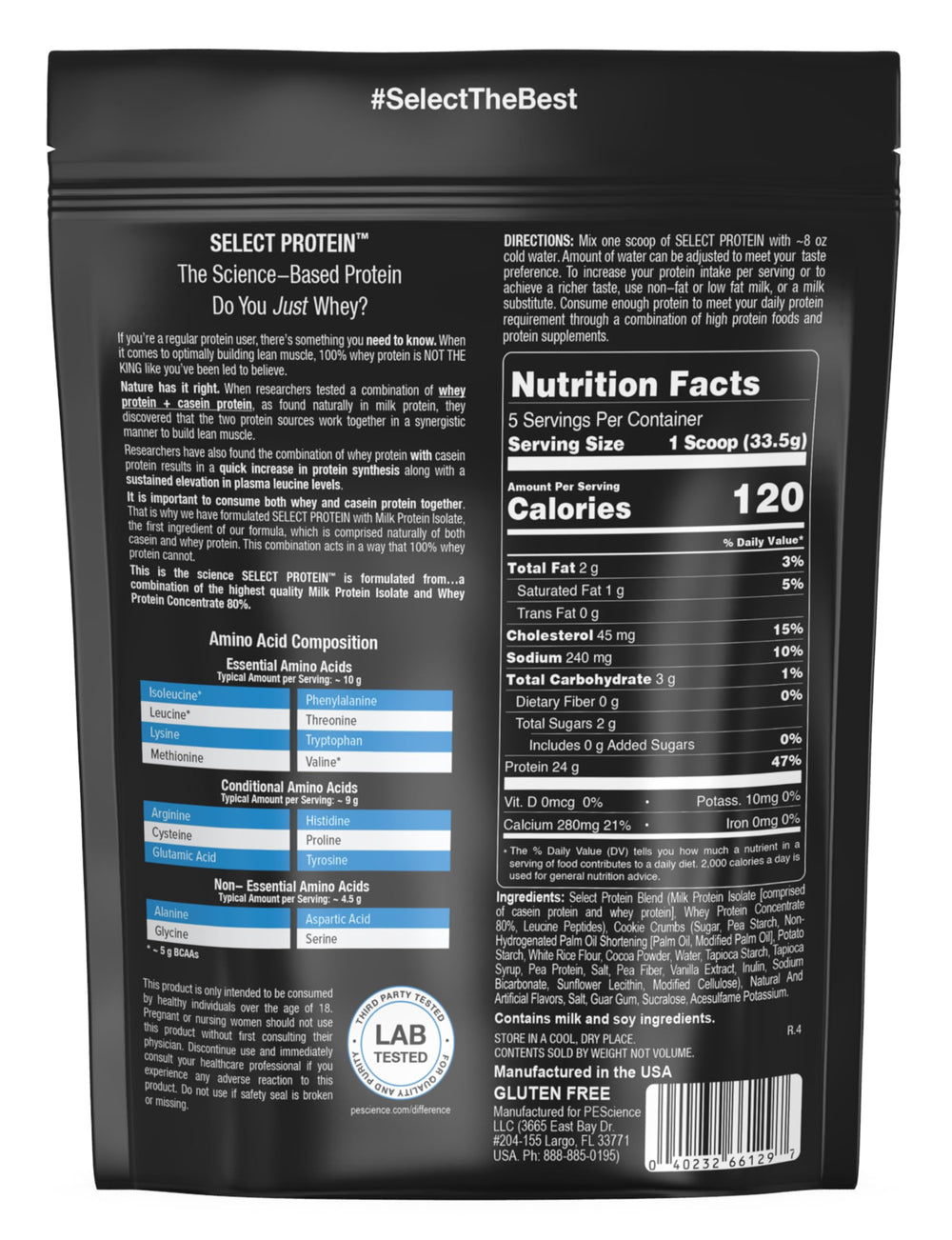 PEScience Select powder on shelf image highlights gluten-free, keto-friendly benefits