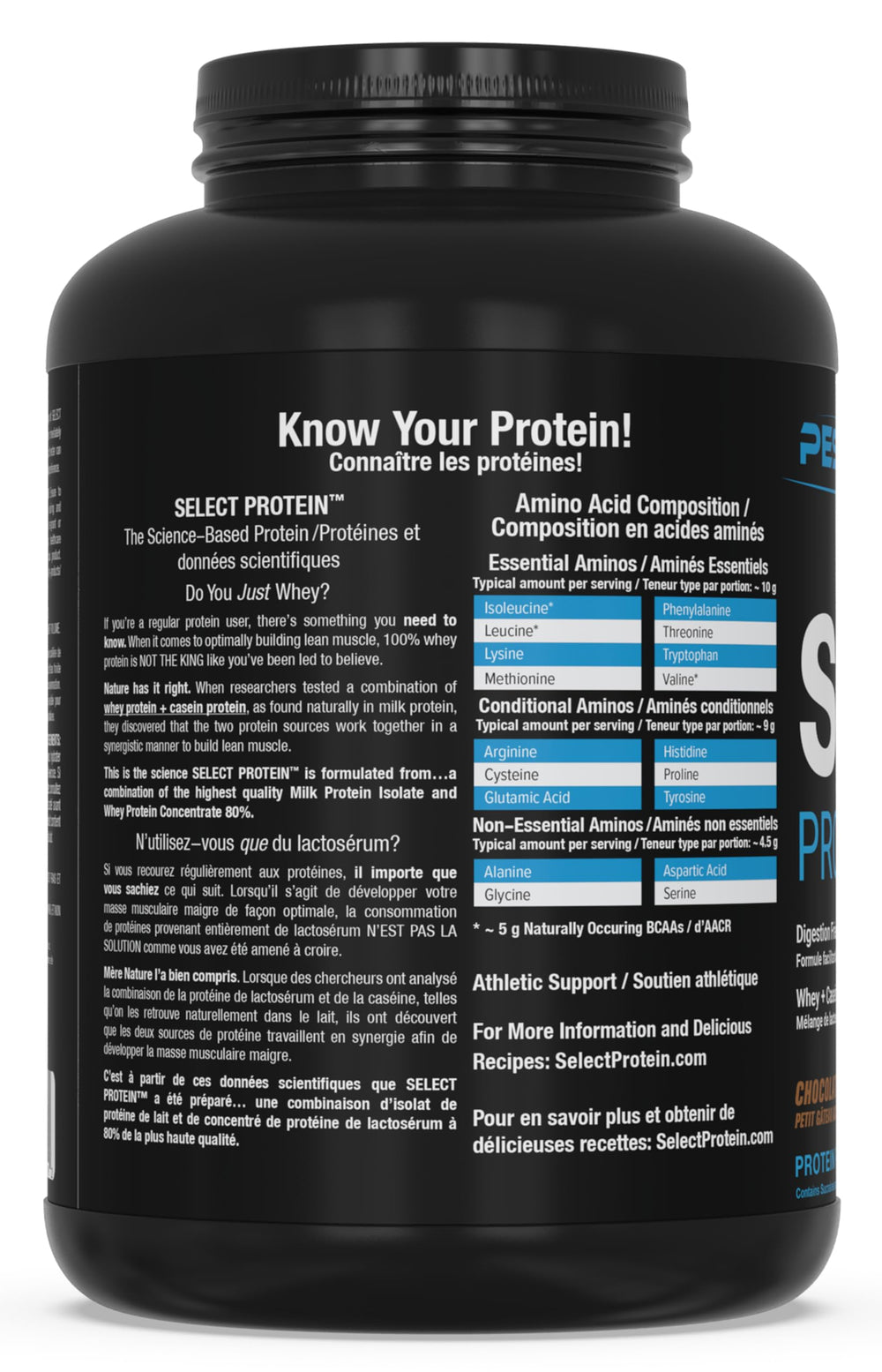 PEScience Select Protein Powder top view of a sleek bottle