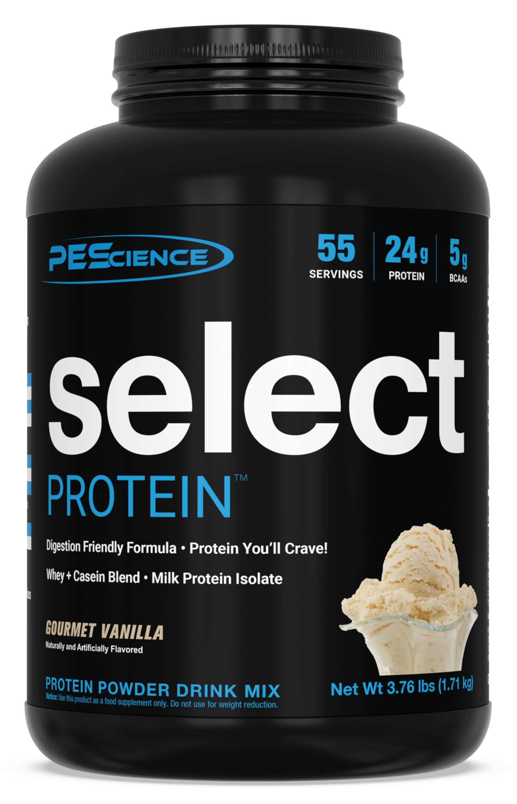 PEScience Select vanilla bottle showcases a high-protein post-workout option