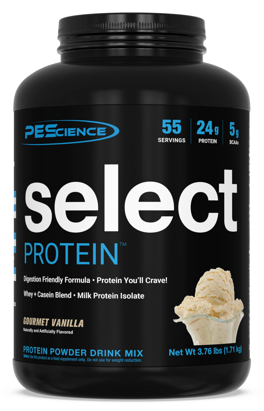 PEScience Select vanilla bottle showcases a high-protein post-workout option