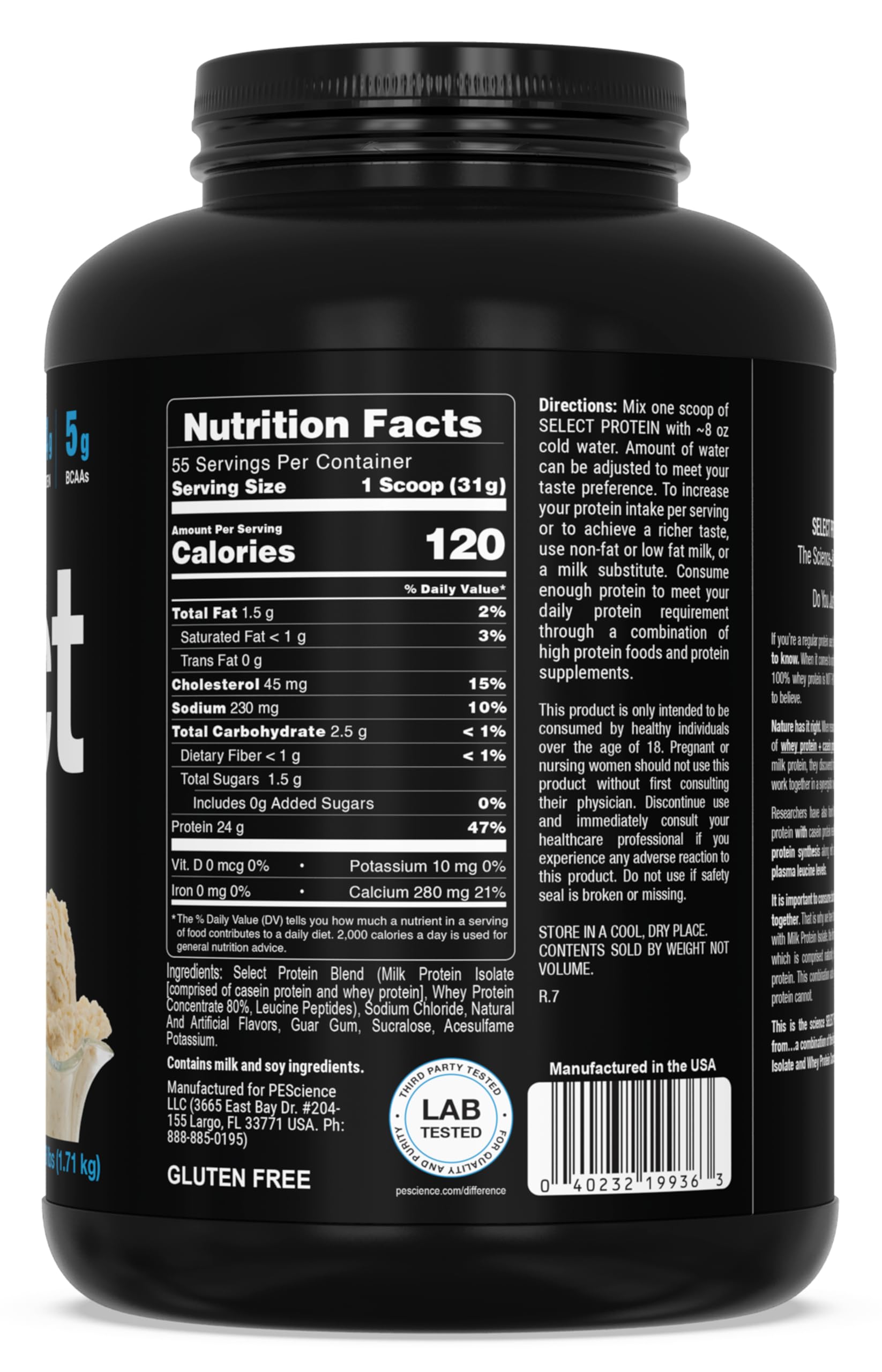 PEScience Select cap close-up signals gluten-free, dairy-based protein option