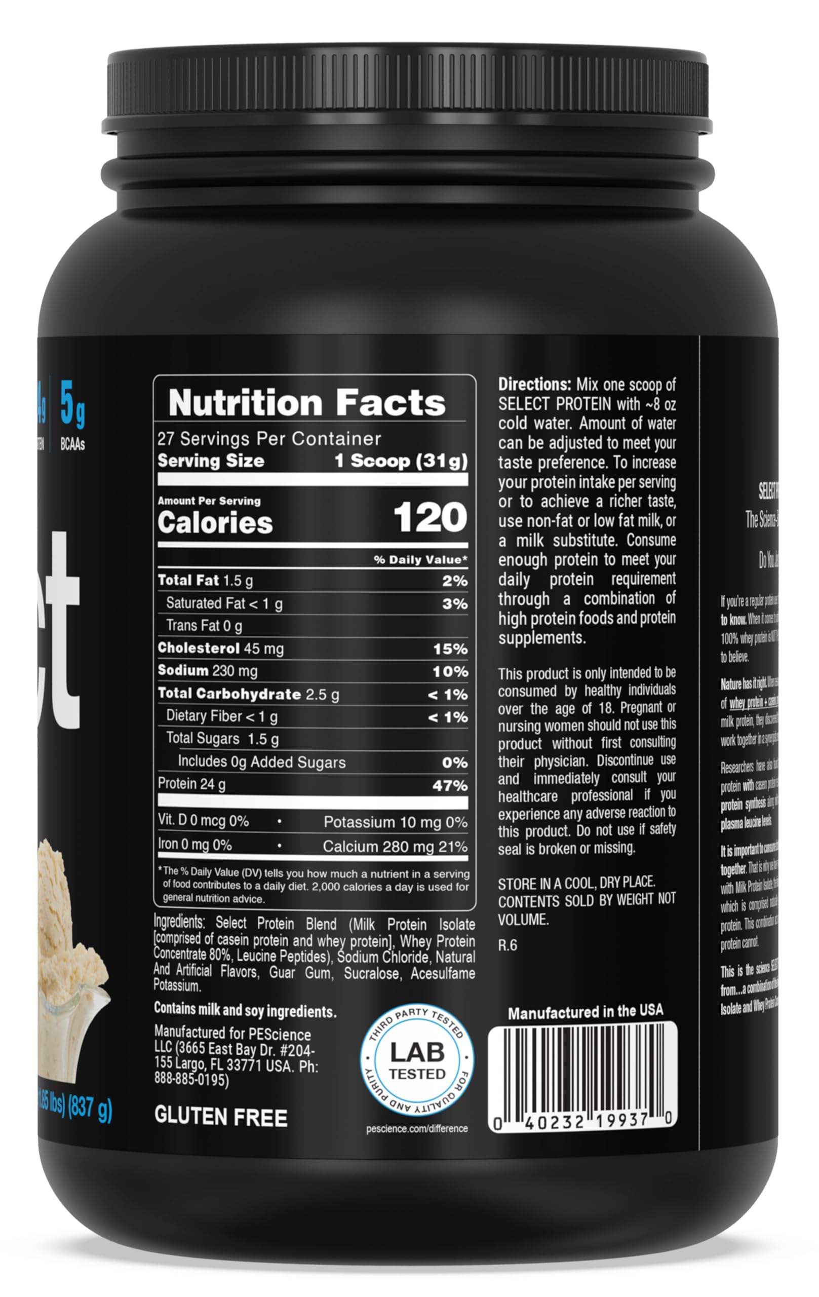 PEScience Select Vanilla in glass demonstrates low calorie, low carb profile.