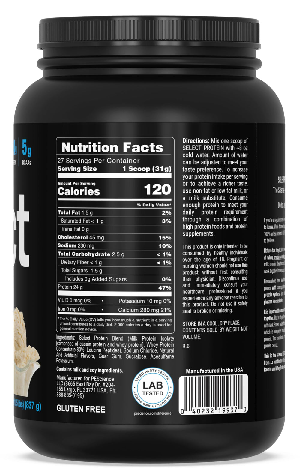 PEScience Select Vanilla in glass demonstrates low calorie, low carb profile.