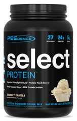 PEScience Select Vanilla protein powder tub with a smooth, high-protein formula.
