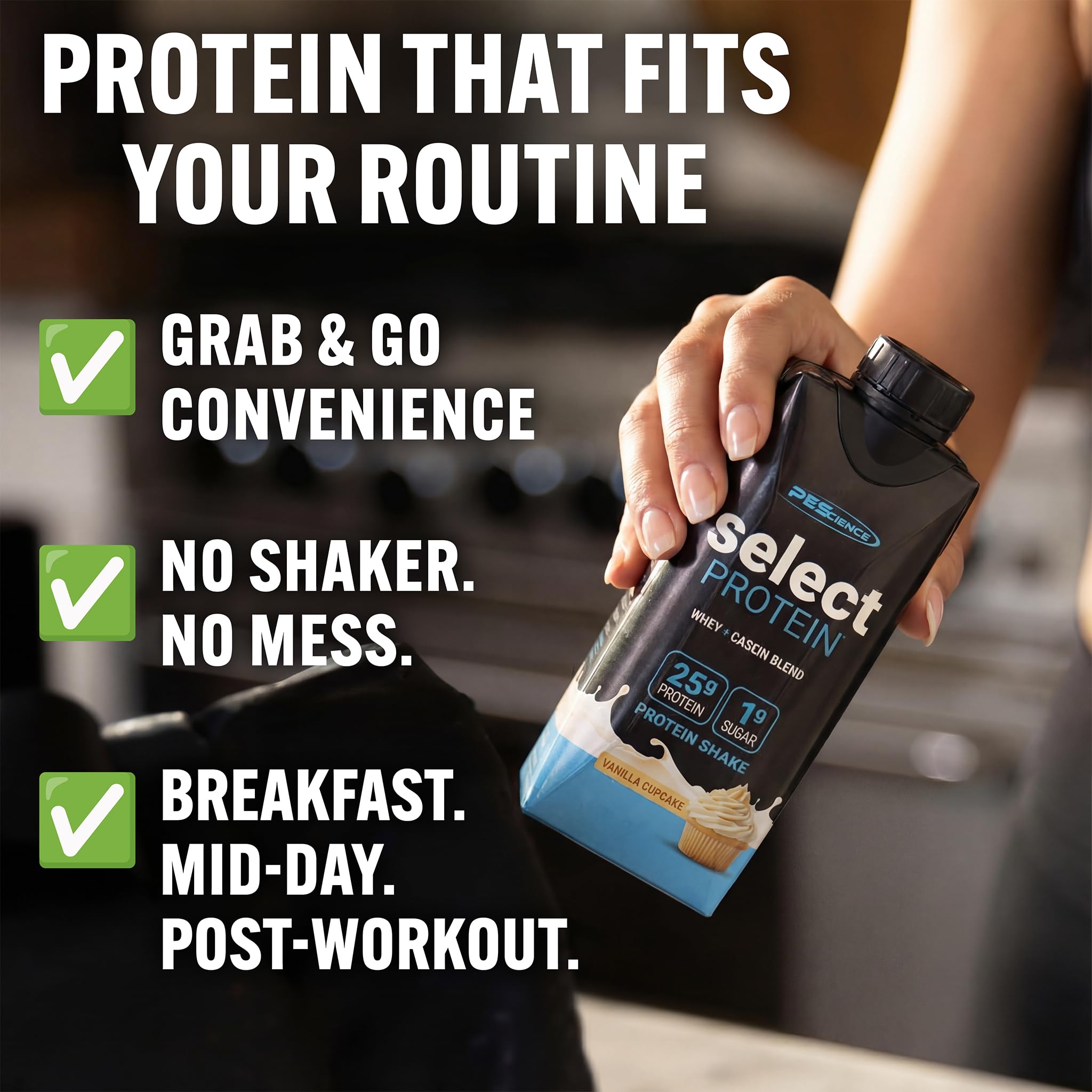 PEScience Select Protein RTD ingredients panel featuring whey and casein blend