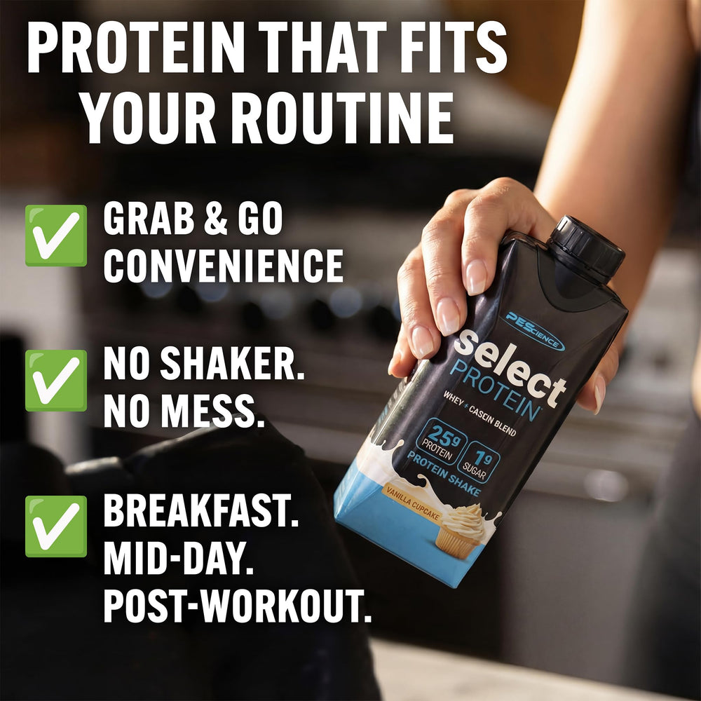 PEScience Select Protein RTD ingredients panel featuring whey and casein blend