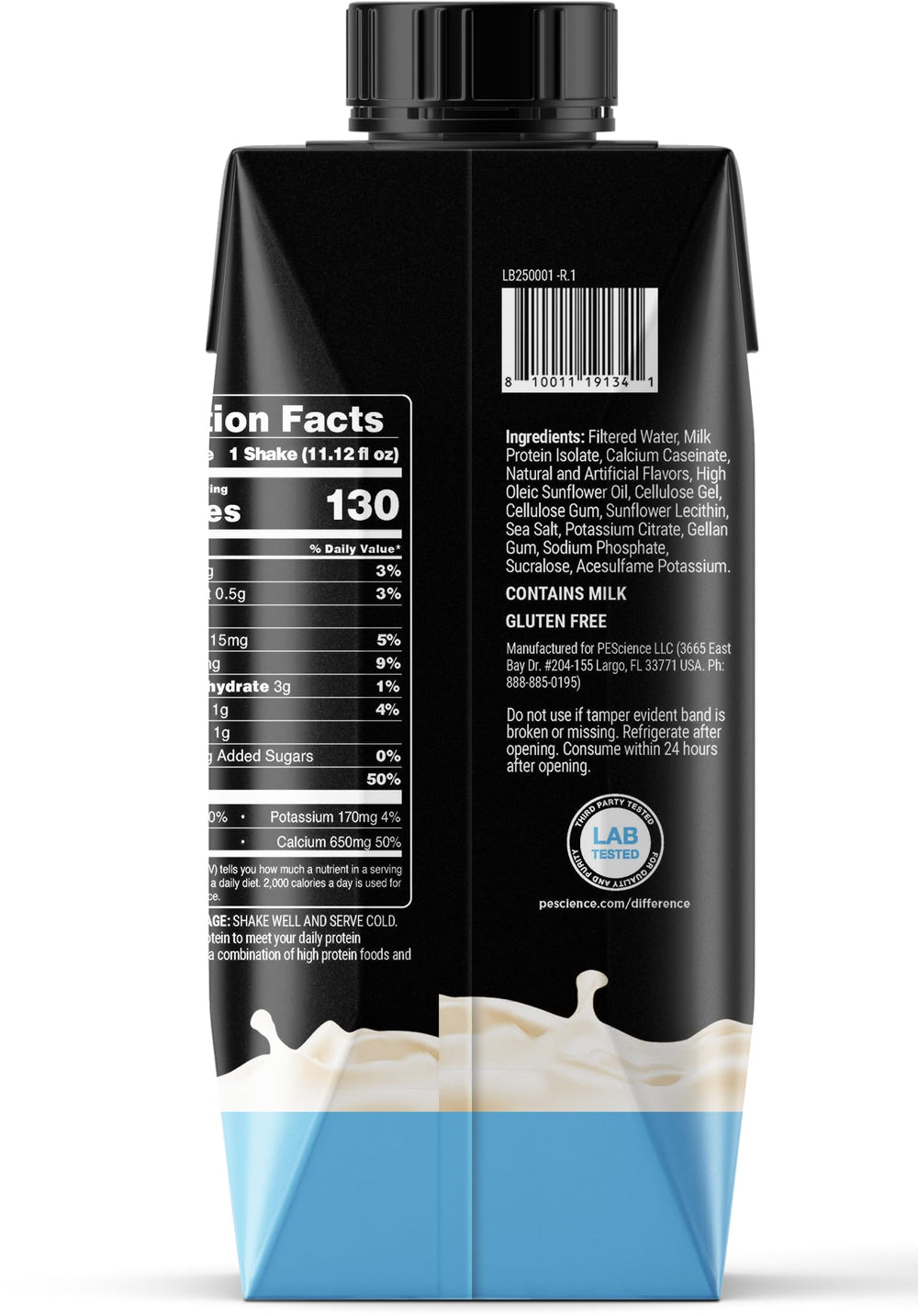 PEScience Select Protein RTD nutrition facts panel showing 25 g protein per serving