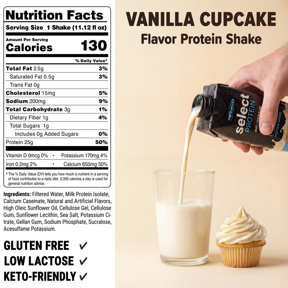PEScience Select Protein RTD vanilla-cup-pour showing smooth, dessert-like flavor and satiety