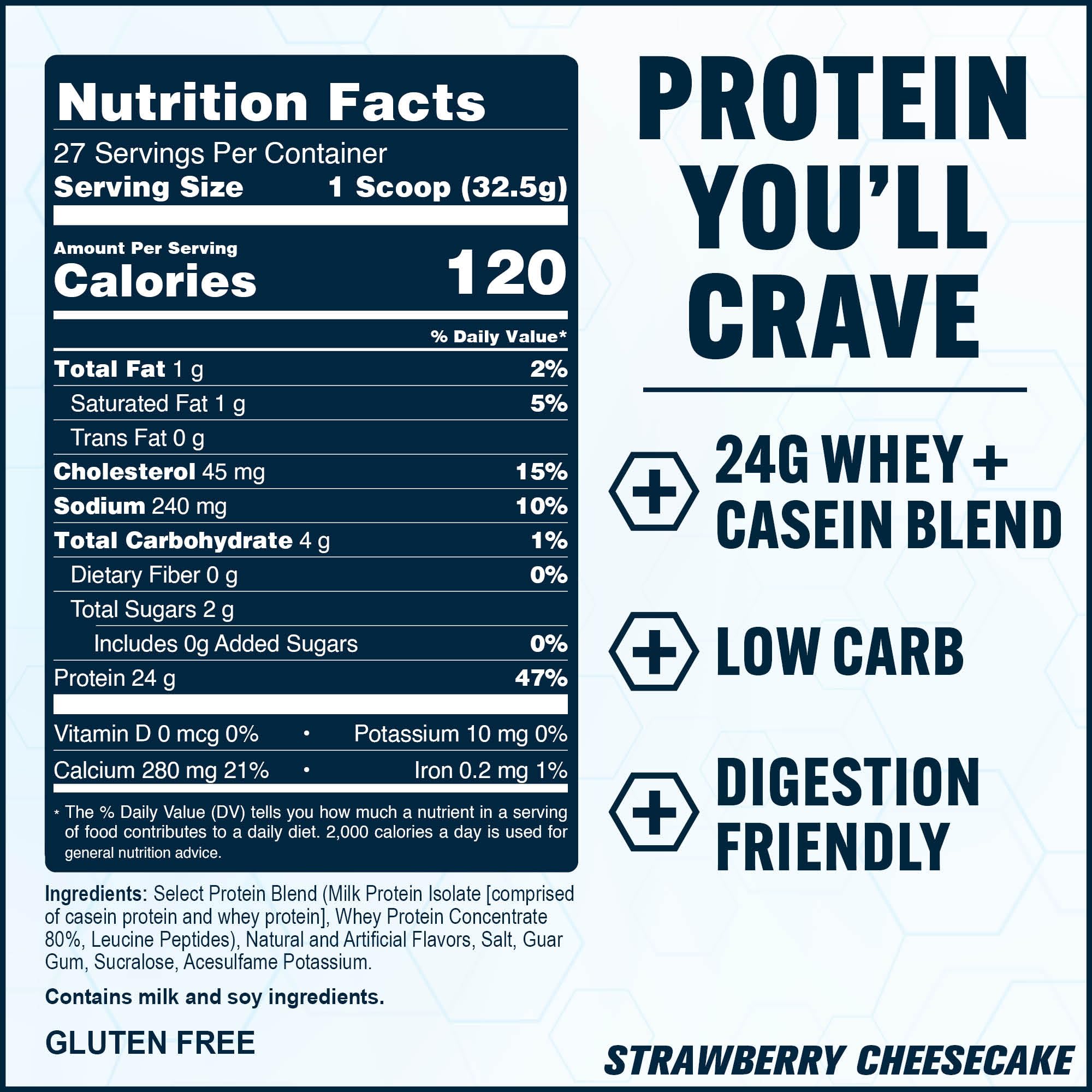 PEScience Select Strawberry Cheesecake scoop indicates convenient serving size.