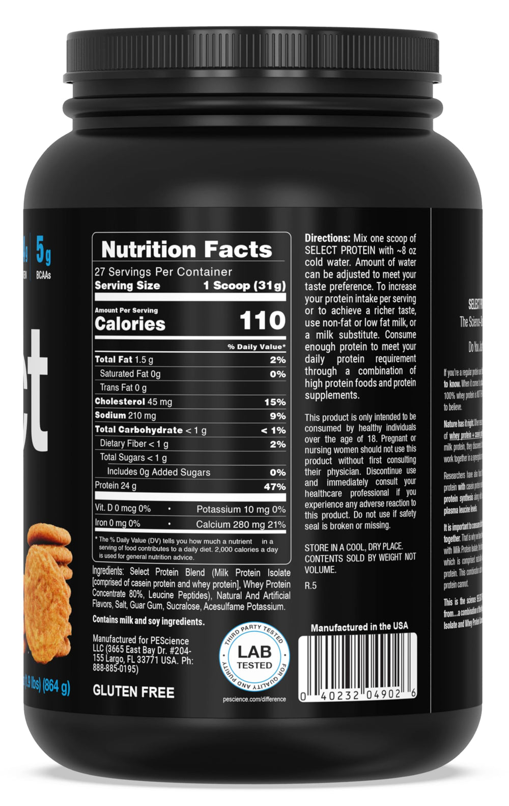 PEScience Select Snickerdoodle nutrition panel highlights 24 g protein per serving