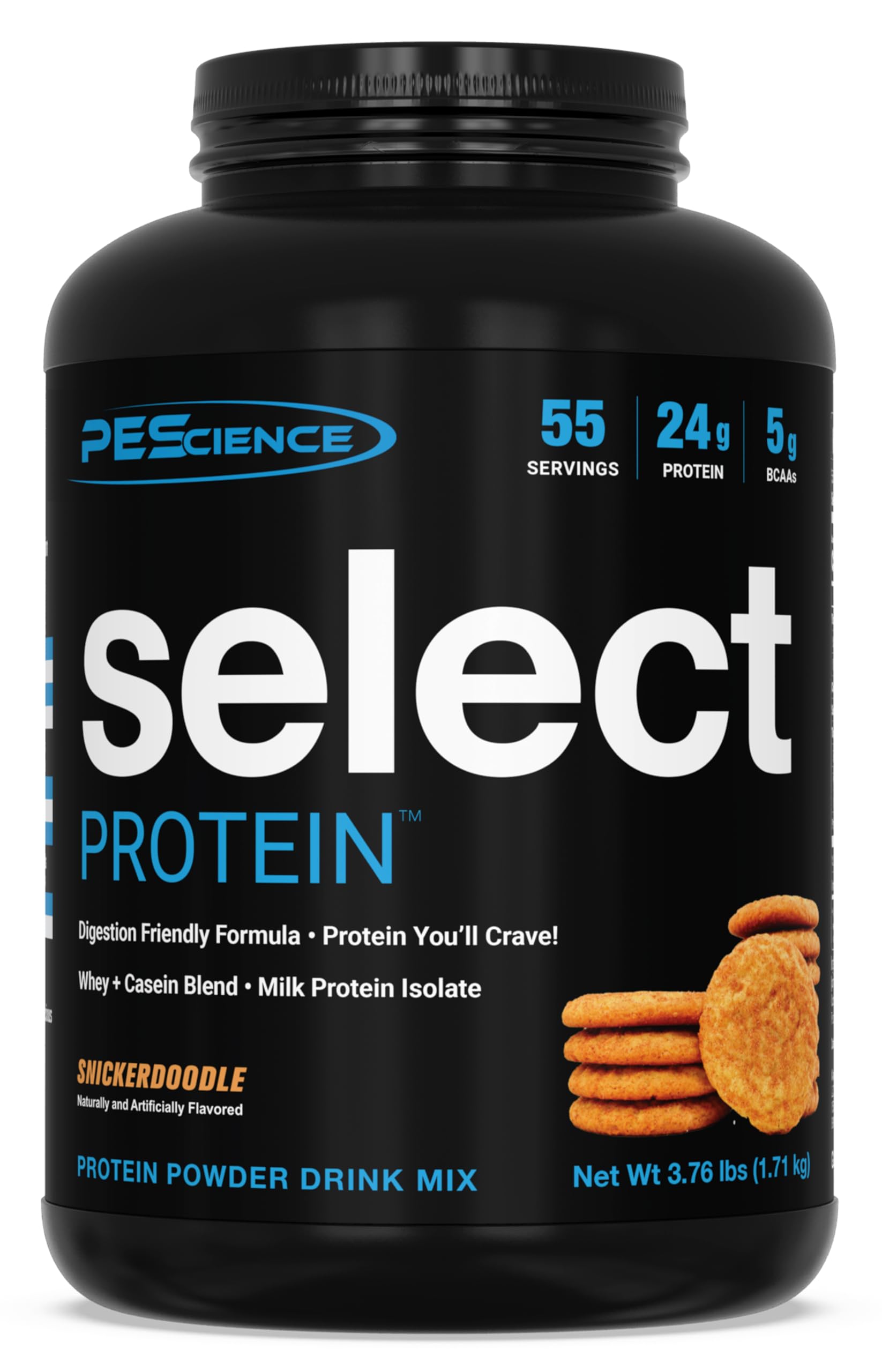 PEScience Select Snickerdoodle tub highlighting high-protein meal replacement potential