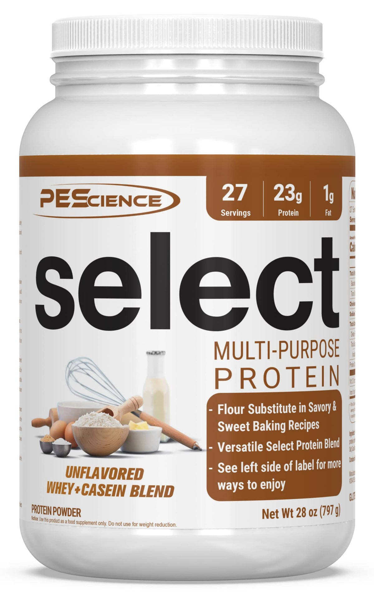 PEScience Select unflavored protein powder being poured to show smooth texture for shakes